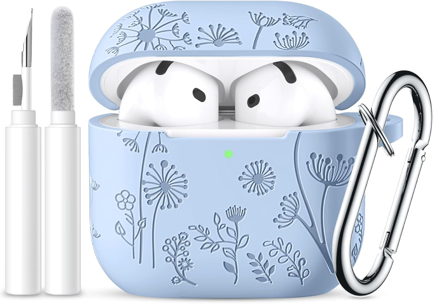 Ouwegaga Compatible with Apple Airpods 4Th Generation Case Cover(2024), Soft Silicone Flower Print Engraved Full Protective Cover for Airpods 4 Case (USB-C) with Keychain for Women Men, Pine Green