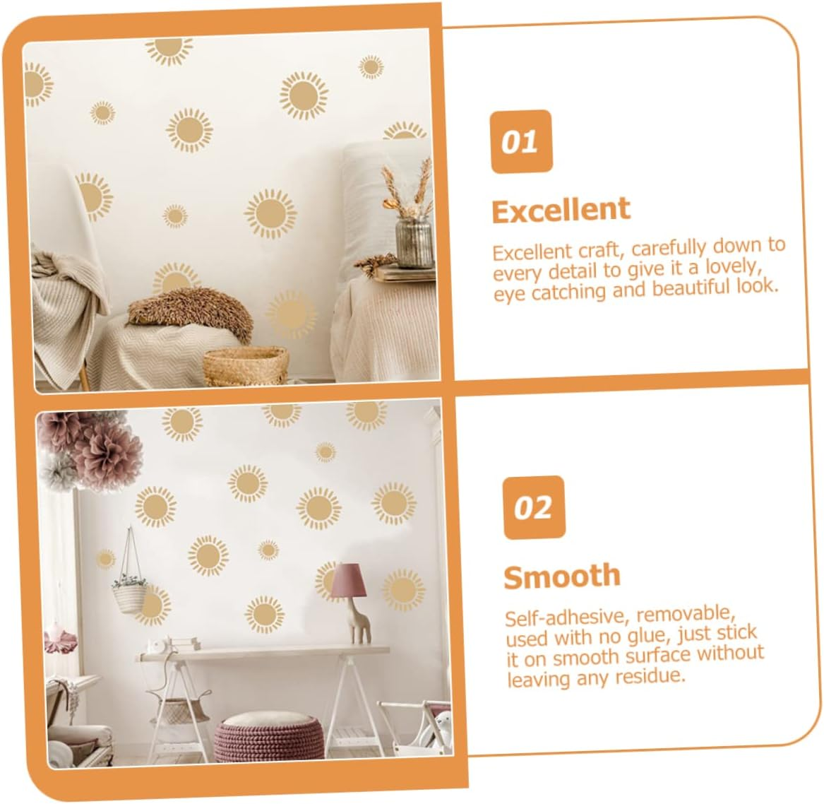 HOMSFOU 3Pcs Sun Wall Stickers Self-Adhesive Decals for Room Living Room Classroom Easy to Peel Removable No Sticky Residue Adorable Wall Art Decor image number 6