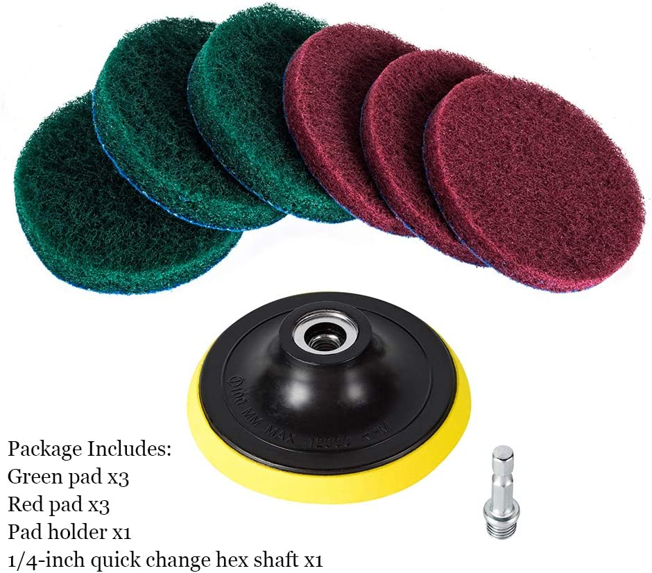Kichwit 4 Inch Drill Power Brush Scrubber Scouring Pads, Includes Drill Attachment, 3 Red Pads and 3 Stiff Green Pads, Heavy Duty Household Cleaning Tool (Drill Not Included)