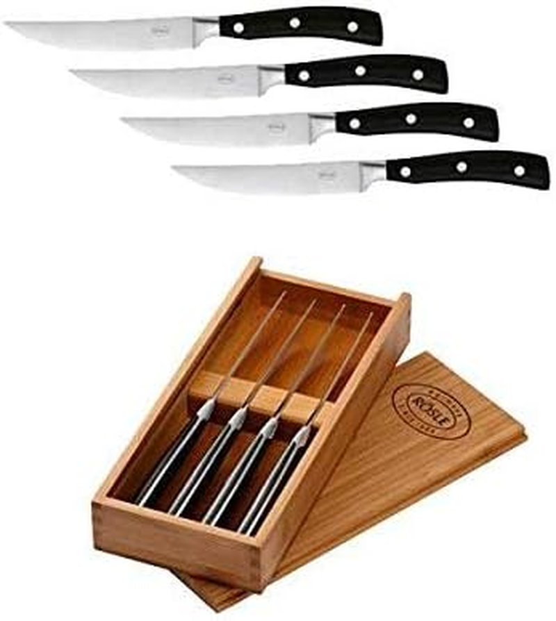 R&Ouml;SLE Steak Knife Set of 4, High-Quality Steak Knife with Sharp-Ground Blade Made of Special Steel Blade, POM, Includes Practical Wooden Box, Black, 4 X 25.2 X 11 Cm, 4 Pieces (Pack of 1) image number 5
