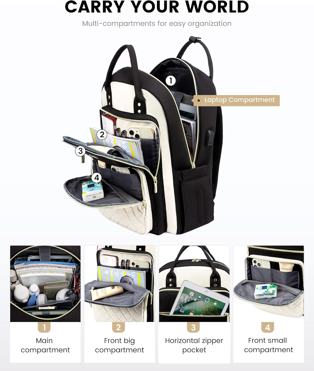 LOVEVOOK Laptop Backpack for Women, Fashion Travel Work Commuter Backpack Purse with USB Port, Lightweight Casual Daypacks, Nurse Teacher College Computer Bag, Fit 15.6" Laptop - D-Black-Purple image number 4