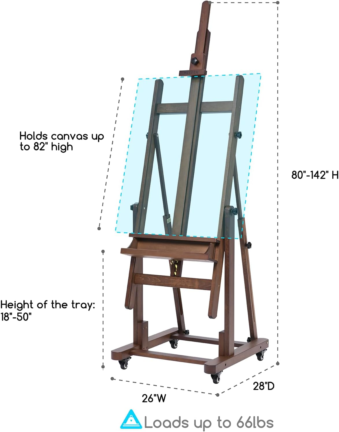 MEEDEN Extra Large H-Frame Studio Easel - Solid Beech Wooden Artist Professional Heavy-Duty Easel, Painting Art Easel Stand with 4 Premium Locking Silent Caster Wheels, Hold Max 82", Classic Walnut image number 1