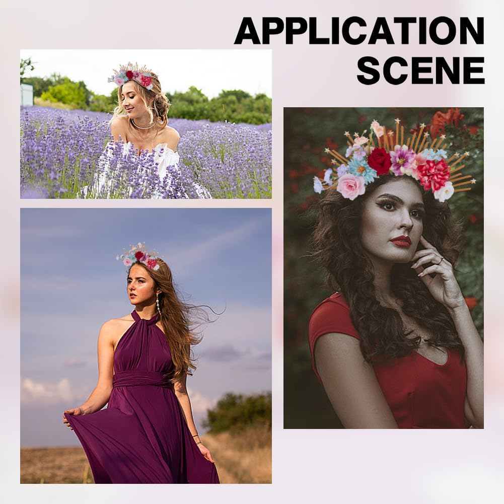 HOBBIESAY 1Pc Renfaire Flower Halo Crown Handmade Fantasy Flower Headpiece with Star Colorful Flowers Fairy Headband Hair Accessories for Women Party Cosplay Festival Wear DIY Craft