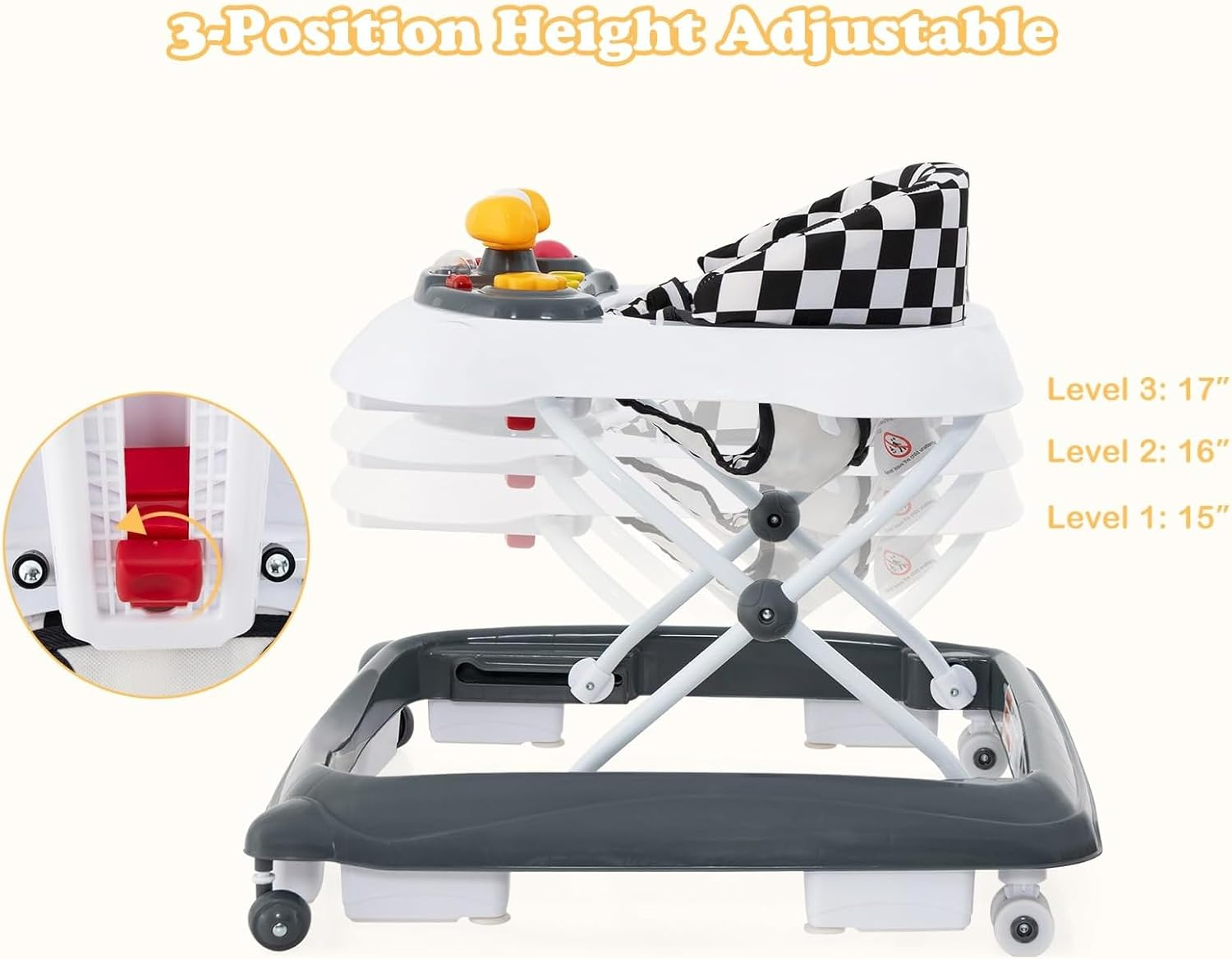 INFANS Foldable Baby Walker, 3 in 1 Toddler Walker Leaning-Seated Walk-Behind with Removable Music Tray, Adjustable Height, Washable Seat Cushion for Boys and Girls (Checkerboard) - Checkerboard image number 6