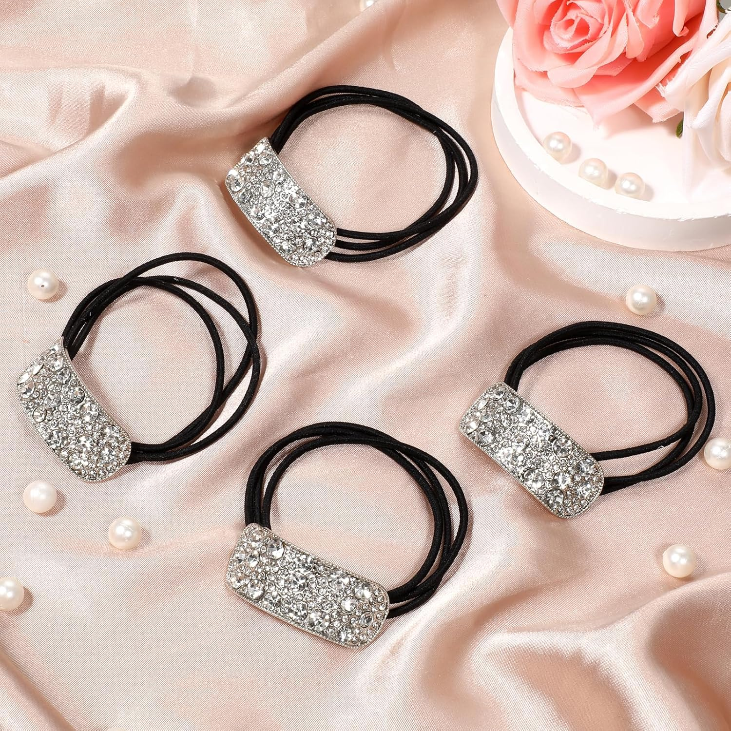 4Pcs Rhinestone Ponytail Holder, Silver Sparkly Crystal Hair Ties Elastic Scrunchies Decorative Hair Accessories for Women Girls image number 1
