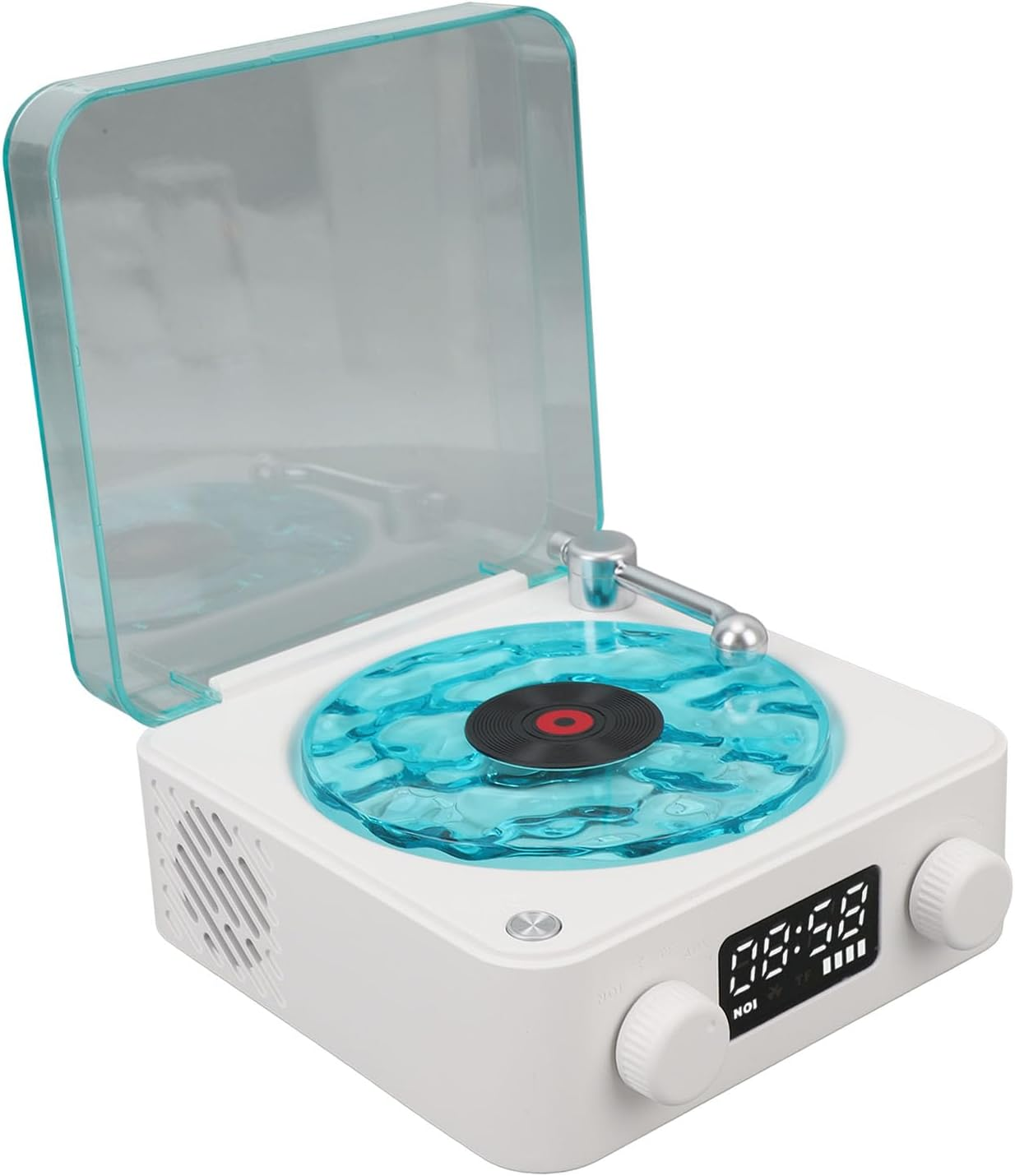 Vintage Record Player BT Speaker, Time Display Clock and Soft Night Light Design, Portable 4 Modes Cordless Turntable Stereo Speaker for Home Bedroom (White) image number 1