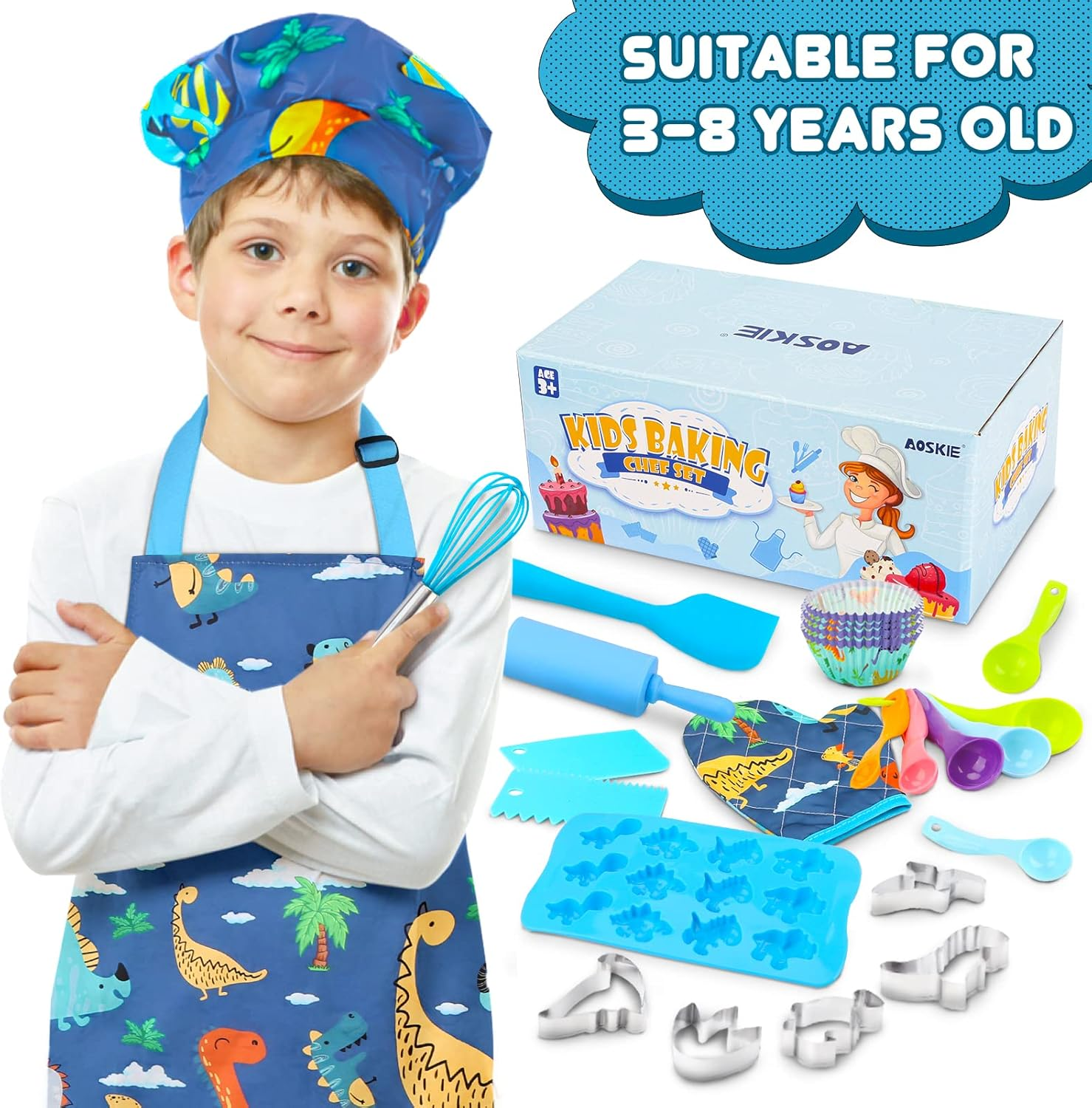 Aoskie Dinosaur Chef Toy Set, Kids Baking Set with Apron, Hat, Molds & Bags, Ages 3-8, Unisex image number 4