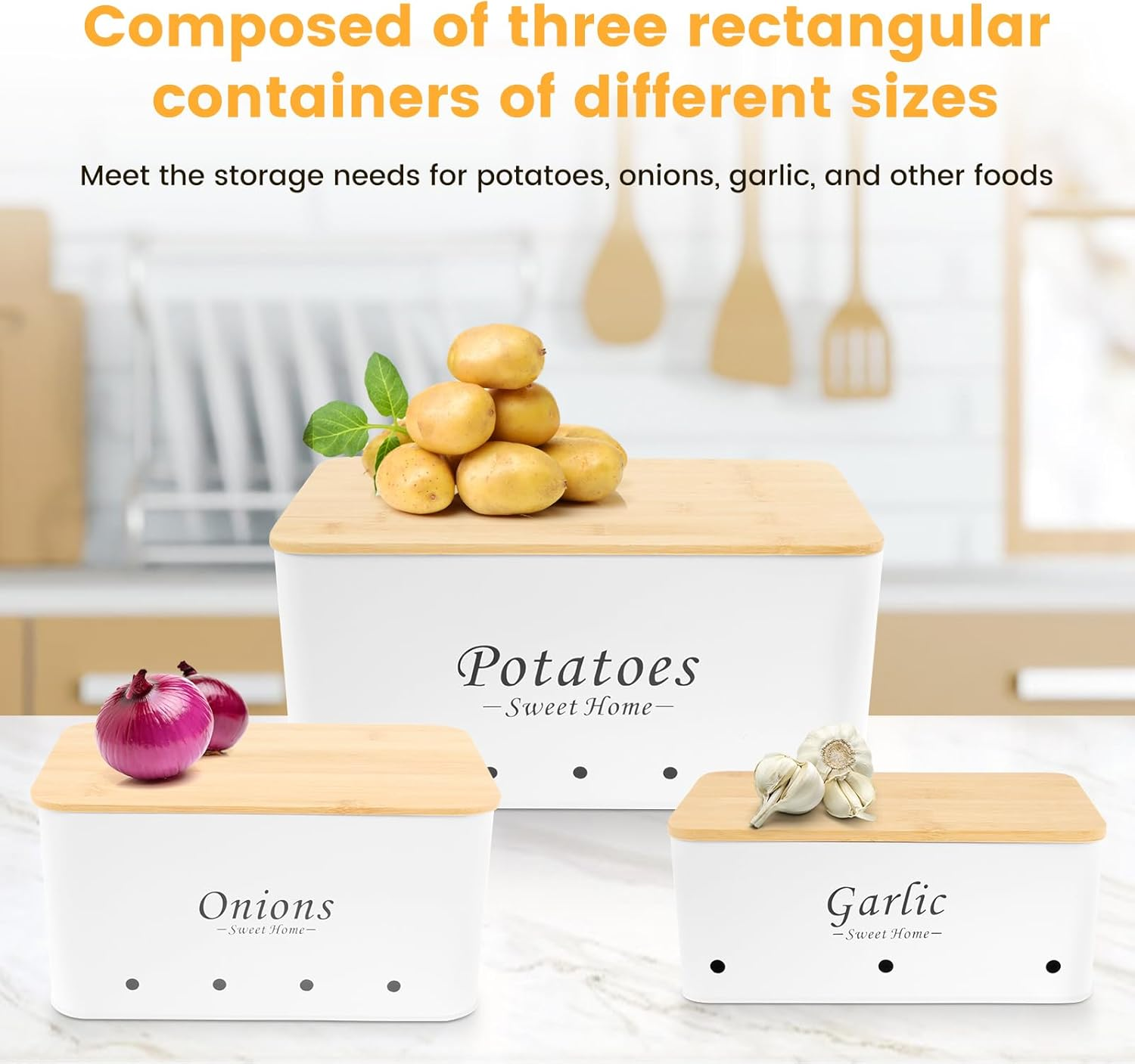3 Pcs Potato and Onion Garlic Storage Bin, Kitchen Vegetable Storage Containers, Potato Onion Garlic Jars with Vent Hole, Carbon Steel Onion Storage Bin, Onion Garlic Storage Box Set (White)