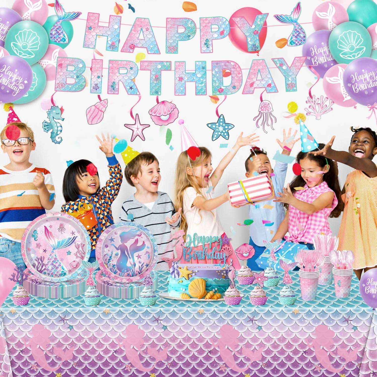 72Pcs Mermaid Disposable Tableware Birthday Paper Party Plates Napkins Set， Mermaid Birthday Party Tableware Serves 24 Guests image number 3