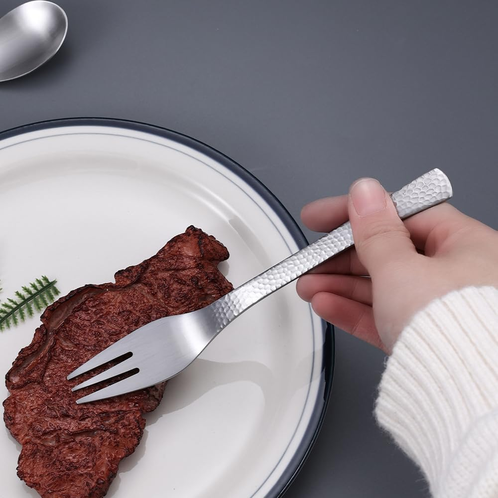 WOODVIR Matte Finish & Hammered Handles &ndash; Artisan-Crafted Silver Cutlery Set &ndash; Elevate Your Table with Modern Elegance image number 6