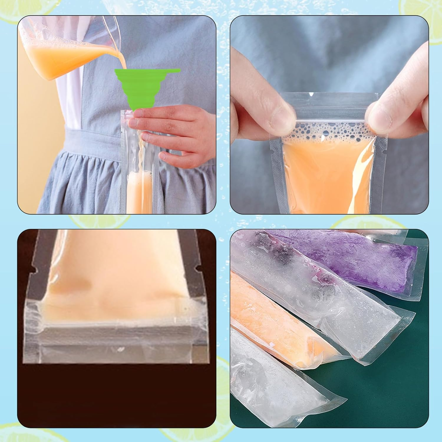 100PCS Ice Pop Bags Reusable, Reusable Ice Pop Pouches, Ice Pop Plastic Bags with Zip Seals and Funnel, Ice Pop Mold, Ice Candy Plastic Bag, Ice Lolly Bags for Snacks, Juice, Fruit, Milk image number 5