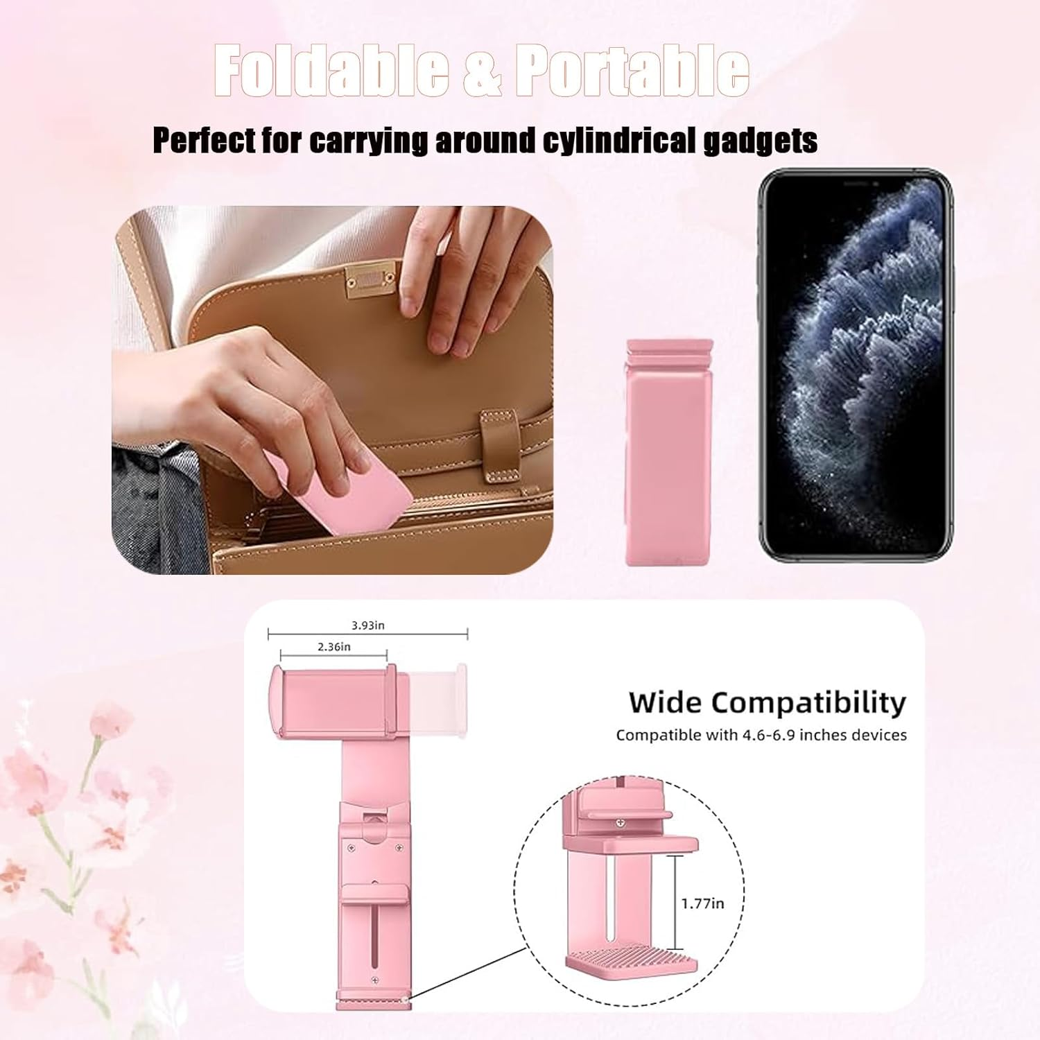 Portable Universal Foldable Phone Mount - 360&deg; Rotatable Airplane & Travel Phone Holder | Hands-Free for Flights, Car, Desk, Shower | Secure Grip for Iphone, Samsung & All Smartphones (5-7") (Black)