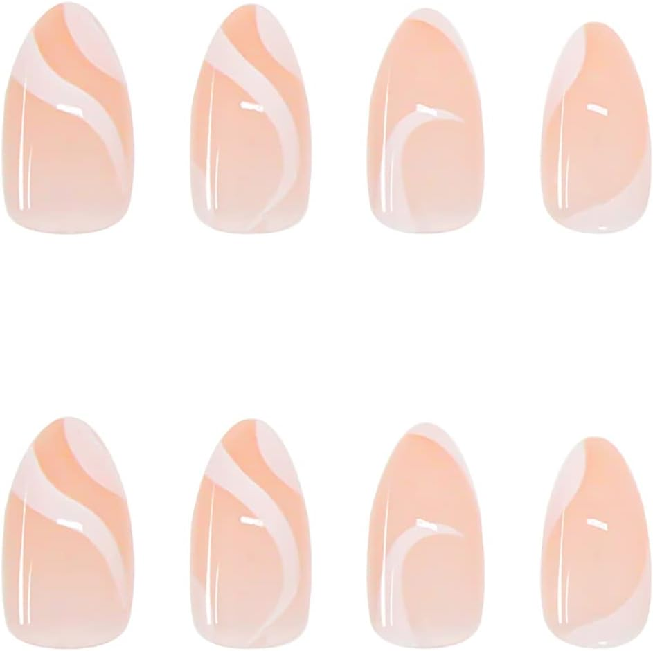 24 Pcs Press on Nails Medium, Sunjasmine Fake Almond Glue Nails, False with Glue, Acrylic for Women and Girls (White Swirl) image number 1