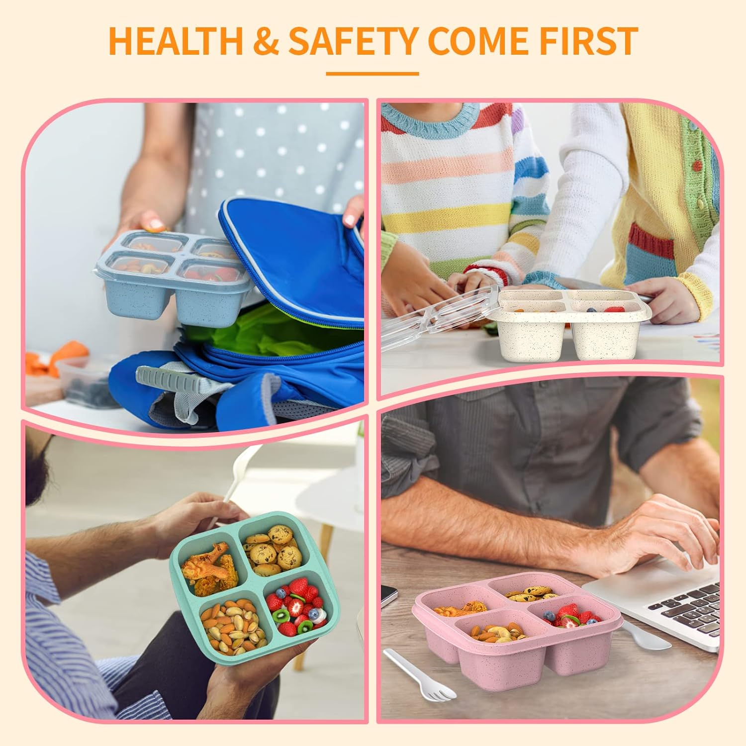 Bento Snack Boxes (4 Pack)- Reusable 4-Compartment Meal Prep Containers for Kids and Adults, Perfect Food Storage School, Compact Stackable (Wheat(Green/Blue/Pk/Beige)) - Green/Blue/Pink/Beige image number 4