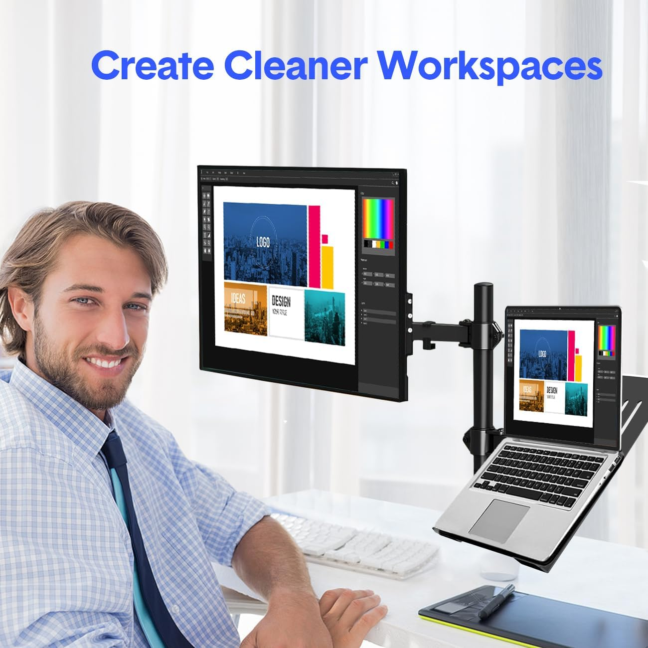 Monitor Stand with Laptop Holder - Height Adjustable Ergonomic Desk Mount for 13 to 32 Inch Screens & 12-17 Inch Laptops, Holds up to 8KG image number 4