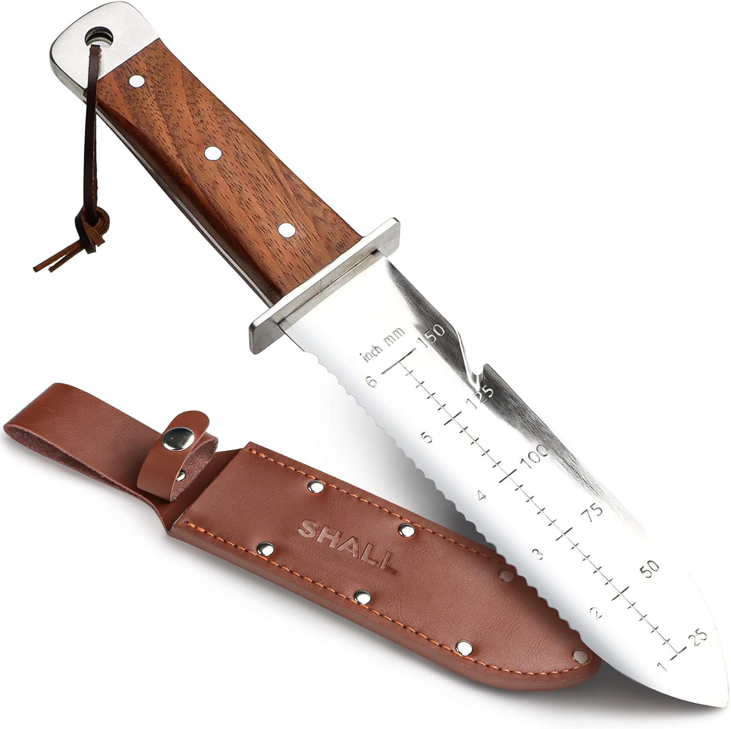 SHALL Hori Hori Garden Knife, Gardening Knife with Leather Sheath, Rosewood Handle & Hide Rope, 7&rdquo; Stainless Steel Blade, Rope Cutting Edge, for Digging, Weeding, Planting, Full-Tang image number 6