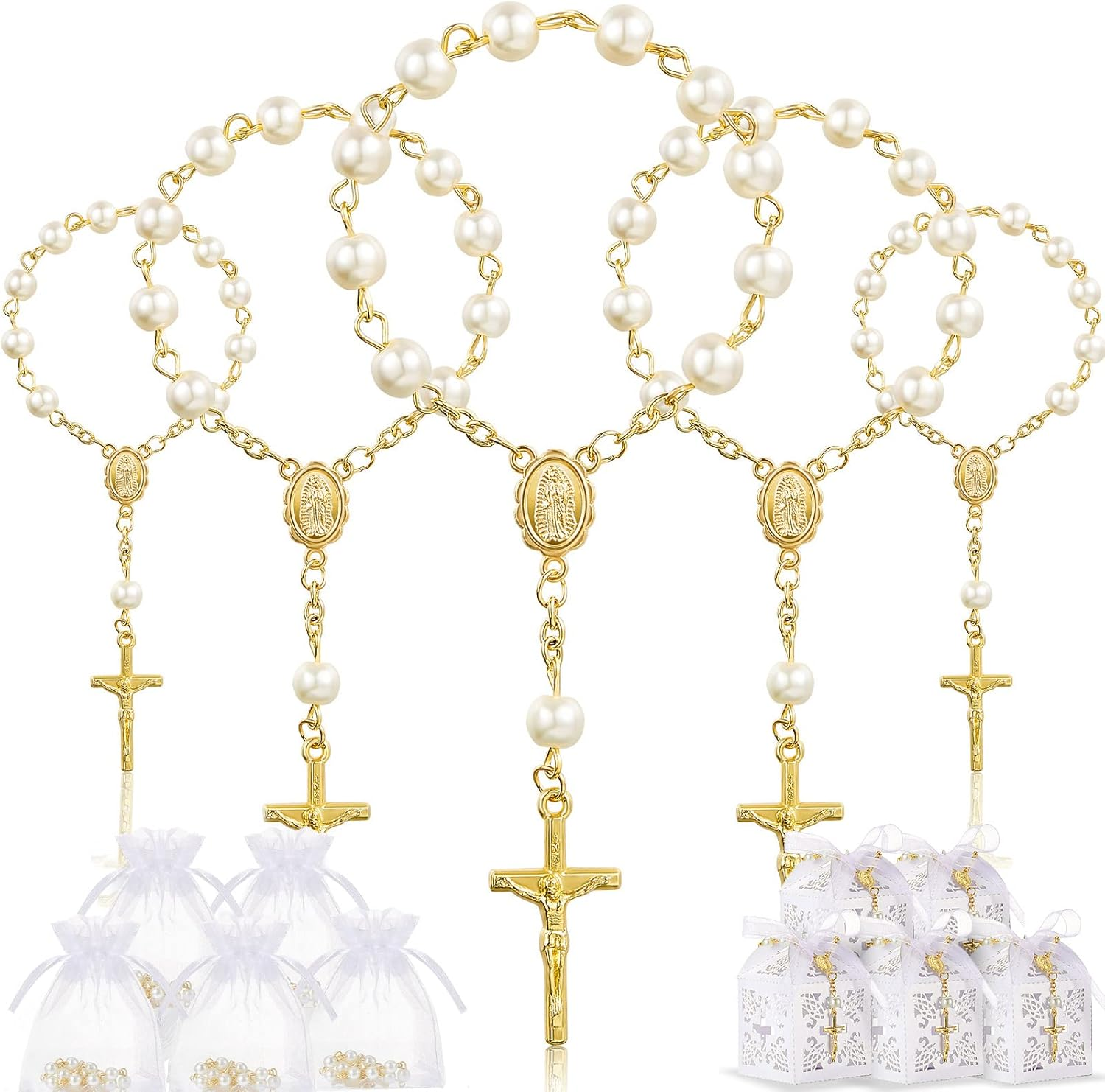 50 Packs Baptism Favors Set Acrylic Rosary Beads Faux Pearls with Organza Bags and Cross Baptism Favor Boxes Recuerdo De Boda Y Bautizo for Christening Weddings Party Favors(Gold Pearl Bracelet)