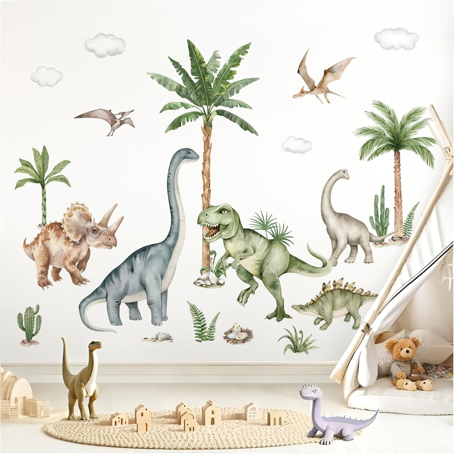 Wondever Large Dinosaur Wall Stickers Tropical Animal Dino Palm Tree Plants Wall Art Decals for Boys Room Baby Nursery Kids Bedroom (164 * 83Cm) image number 4