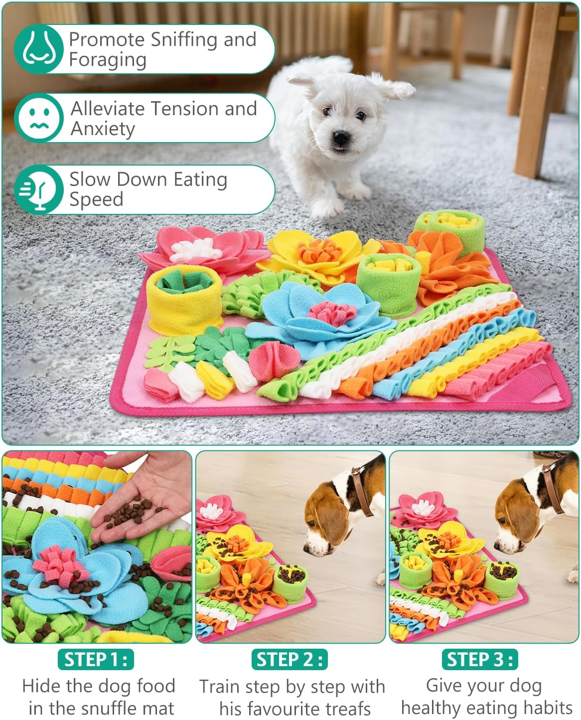 ORIA Snuffle Mat for Dogs, Sniff Mat Slow Feeding Mat for Pets, Interactive Feed Puzzle Pet Toys for Smell Training, Foraging Skills and Stress Relief, for Small Dogs Cats, 15X15 Inch - Pink image number 4