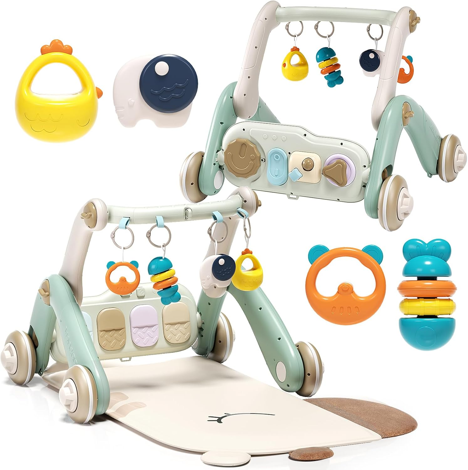 Jovow 2 in 1 Baby Gym with Walker,Baby Play Mat with 4 Infant Learning Sensory,Double-Sided Multifunctional Removable Play Piano Panel,Sit-To-Stand Learning Walker for 0-24 Months Boy Girl [White]