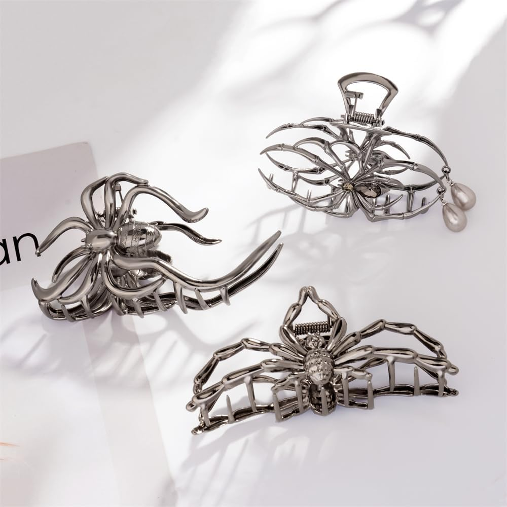 Rauimour Halloween 3PCS Spider Hair Claw Clips Hair Accessories for Women Girls, Gothic Black Metal with Pearl Charms Large Medium Size Catch Clips for Thick Hair Styling Tool Holiday Gifts(Black Gun) image number 5
