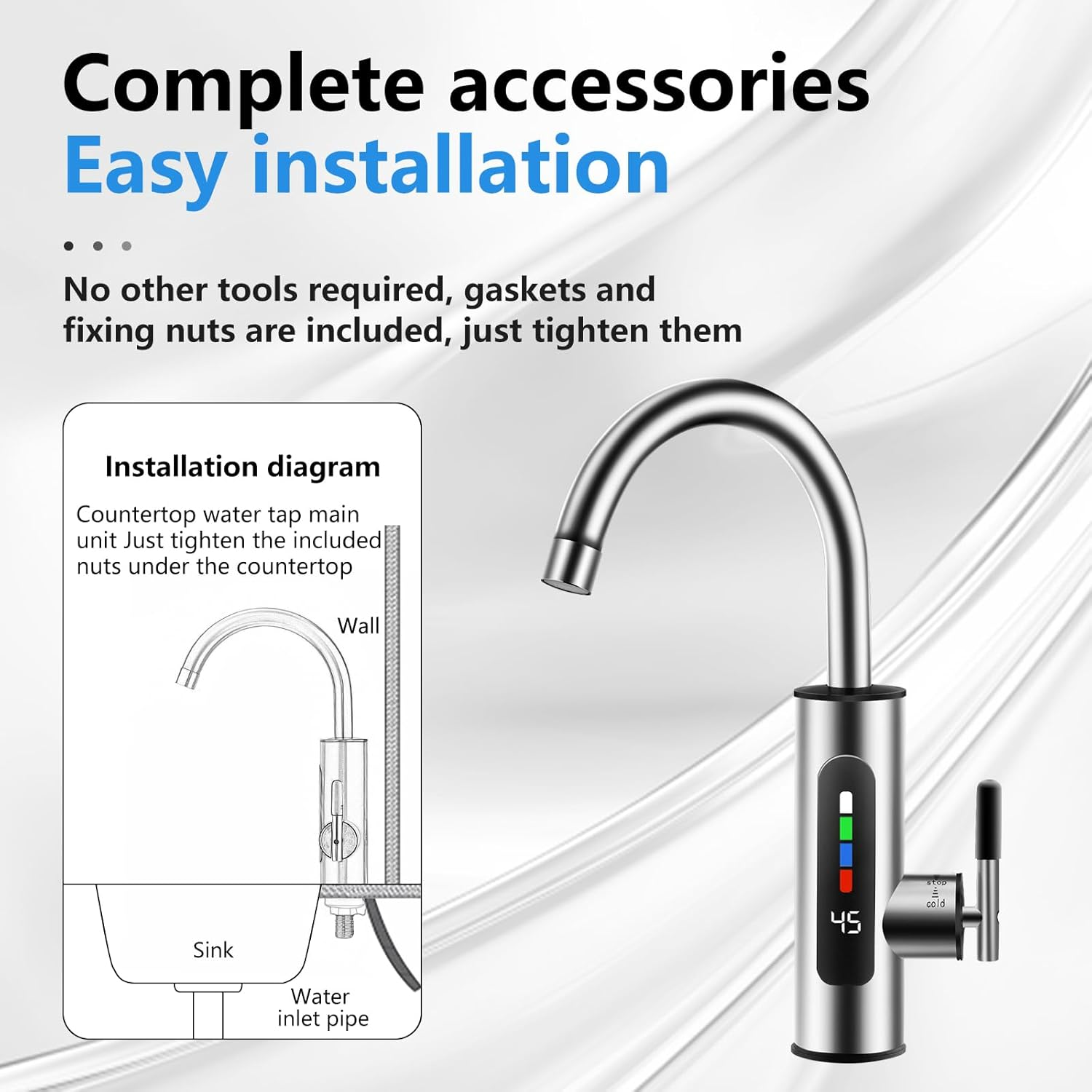 Hot and Cold Water Tap, Electric Stainless Steel Tap plus Integrated Instantaneous Water Heater, 360&deg; Rotating LED Instantaneous Water Heater, Tap, Water Boiler [Energy Class A] image number 6