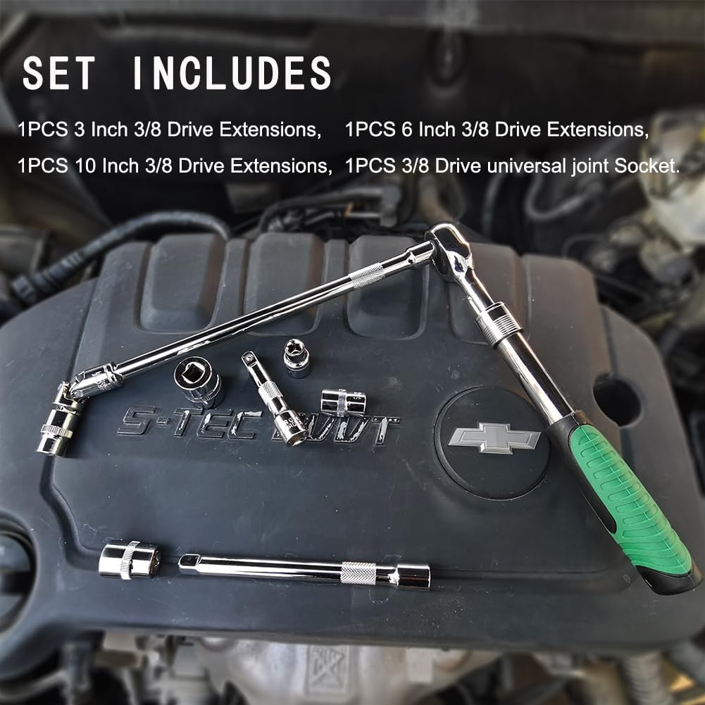 4 Piece 3/8 Inch Drive Extension Bar Set, 3/8 Inch Drive Socket Extension Set Includes 3, 6, and 10 Inch Extensions and 3/8 Inch Drive Universal Joint Socket
