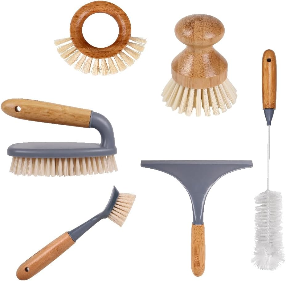 Eco Basics Sustainable Cleaning Brush Set of 6| Dish Brush, Pot Brush, Bathroom Brush, Window Squeegee, Bottle Brush & Vegetable Brush | FSC Bamboo & Ocean-Bound Recycled Plastic Tools