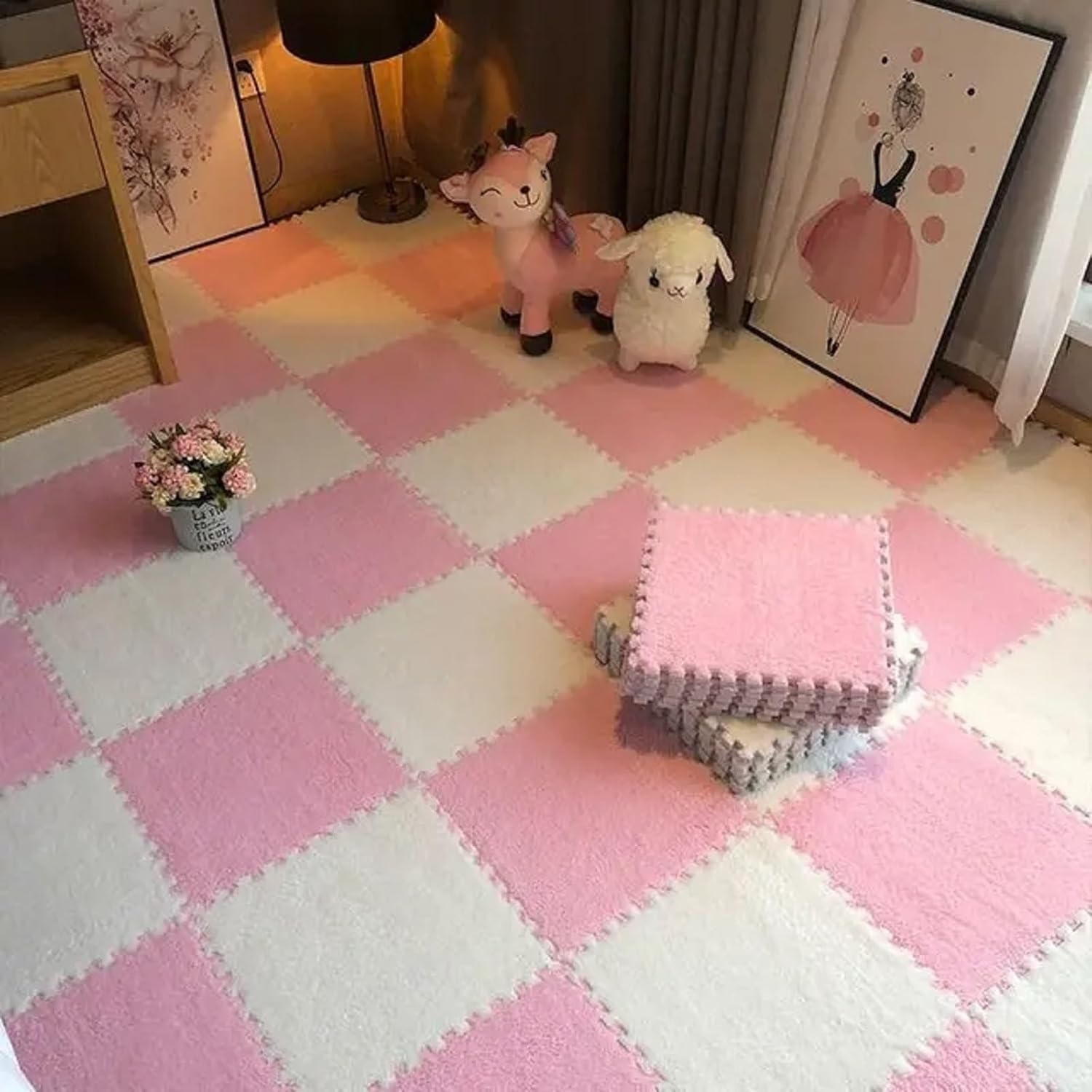Typutomi 10Pcs Plush Puzzle Foam Floor Mat, Soft Fluffy Interlocking Square Foam Tiles Area Rugs Carpet for Parlor Bedroom Decoration(11.8X11.8In, Pink & White)