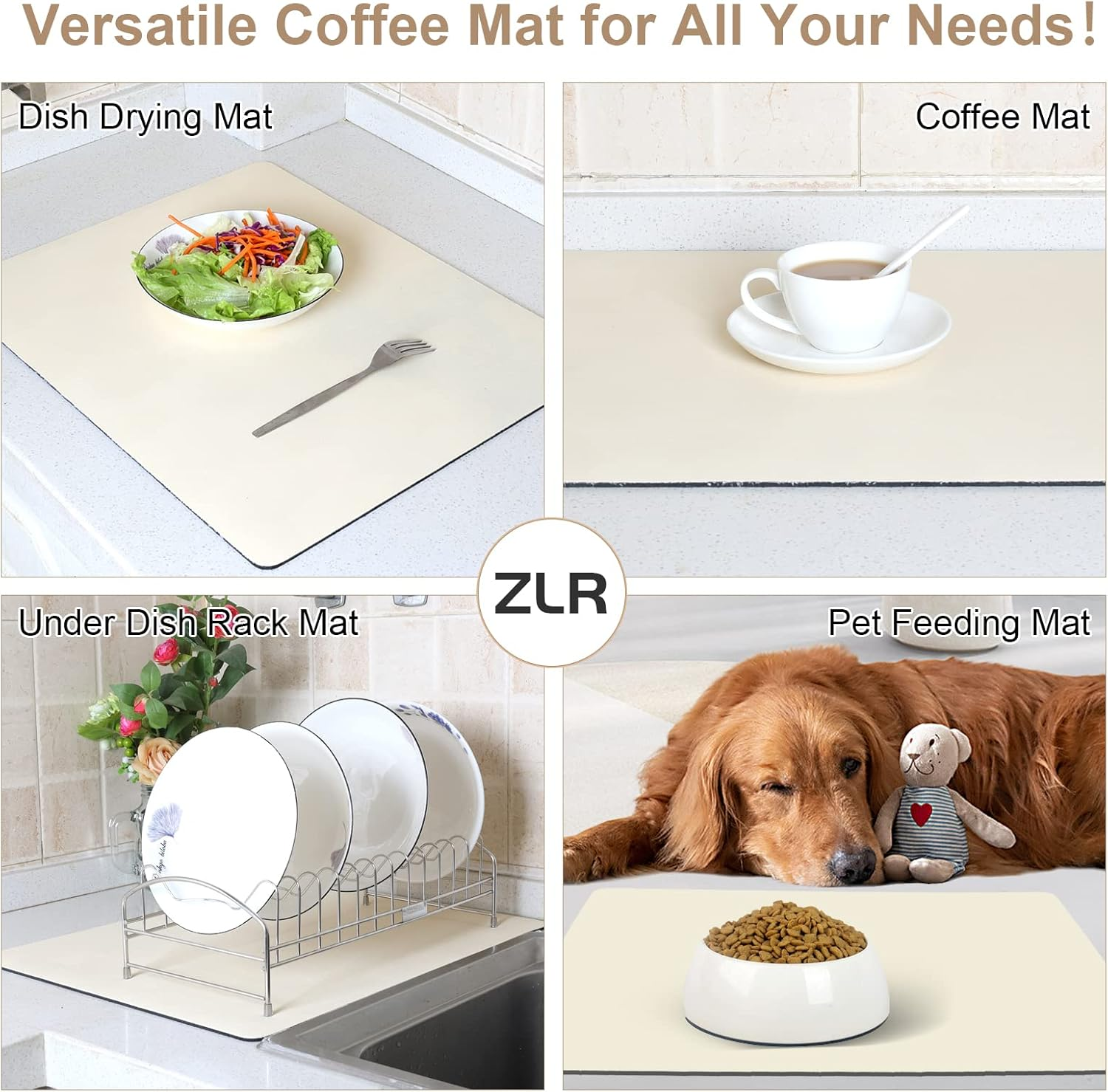 ZLR Coffee Mat - 16" X 20" Large Kitchen Absorbent Mat for Countertop - Easy to Clean Coffee Bar Mat for Espresso Machine, Dish Drying and Spill Protection - Creamy image number 1