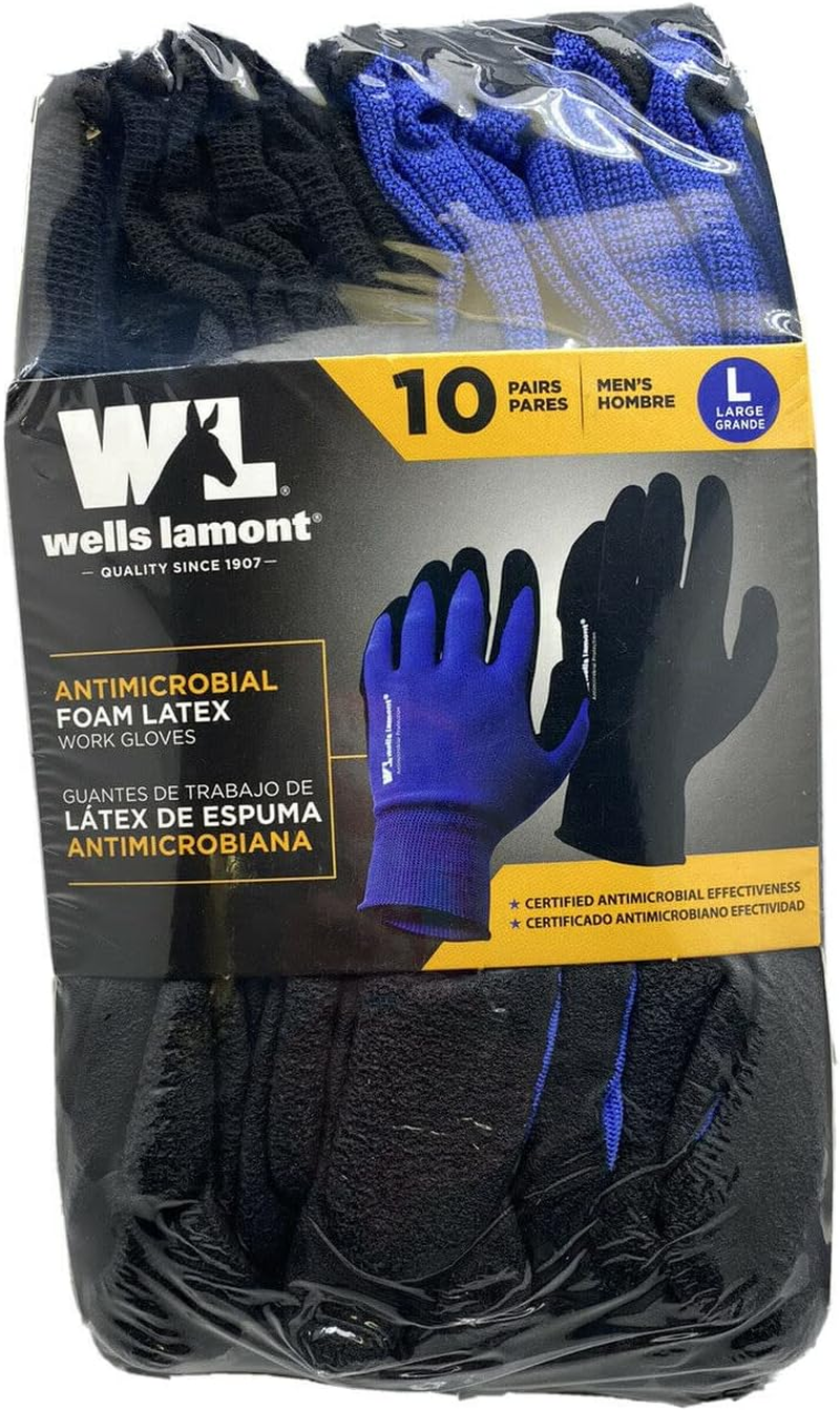 Wells Lamont Men'S Antimicrobial Work Gloves Foam Latex Coating Knit Liner Black/Blue -10 Pairs Large image number 2
