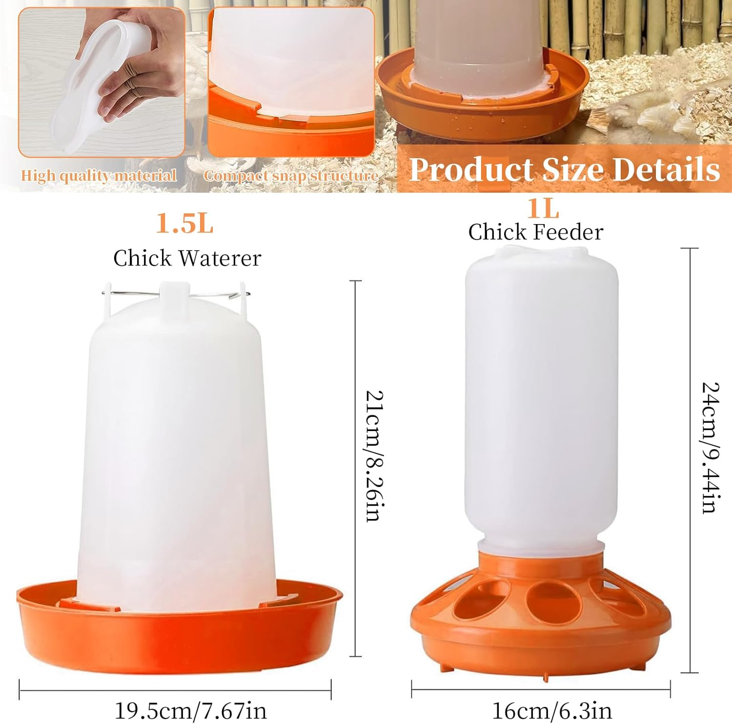 Automatic Chick Feeder & Waterer Kit, 1L Feeder + 1.5L Waterer, Durable Hanging Baby Chick Waterer, Duck Quail Feeders, Easy Clean Chicken Drinker Starter Kit (Orange) image number 6