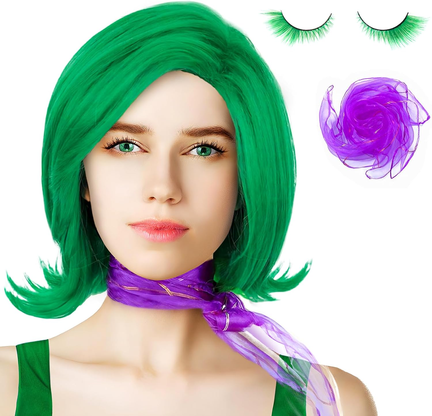 Taefuhnn Women Green Costume Wig with Scarf and False Eyelashes, Halloween Costume for Girls, Green Wig for Adults Cosplay Dress up Book Week image number 5