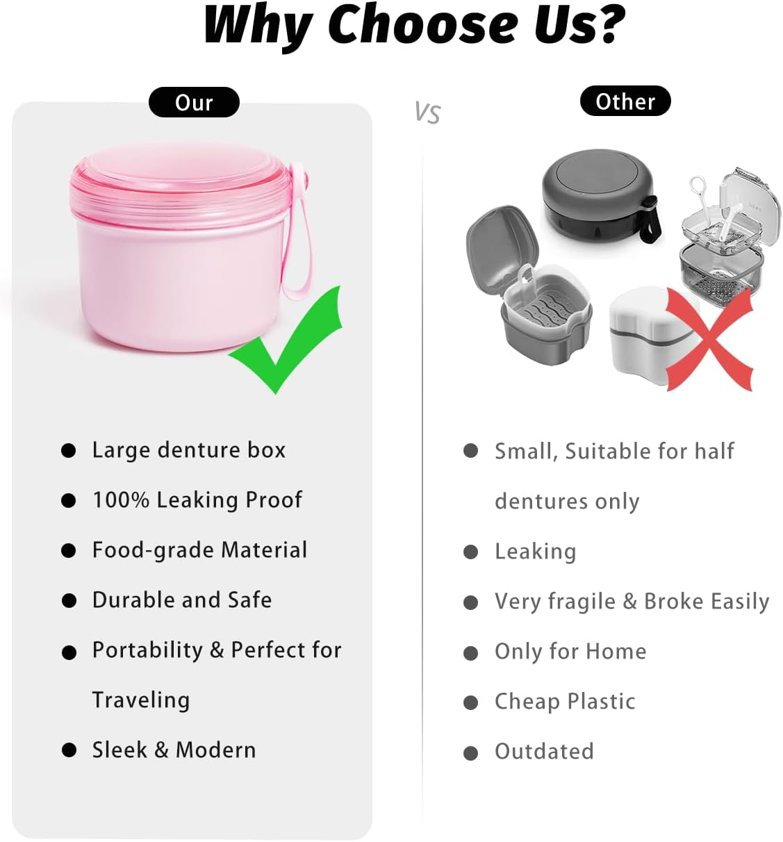 Denture Bath Case Cup Box Holder Storage Soak Container with Strainer Basket for Home or Travel Denture Cleaning (Pink)