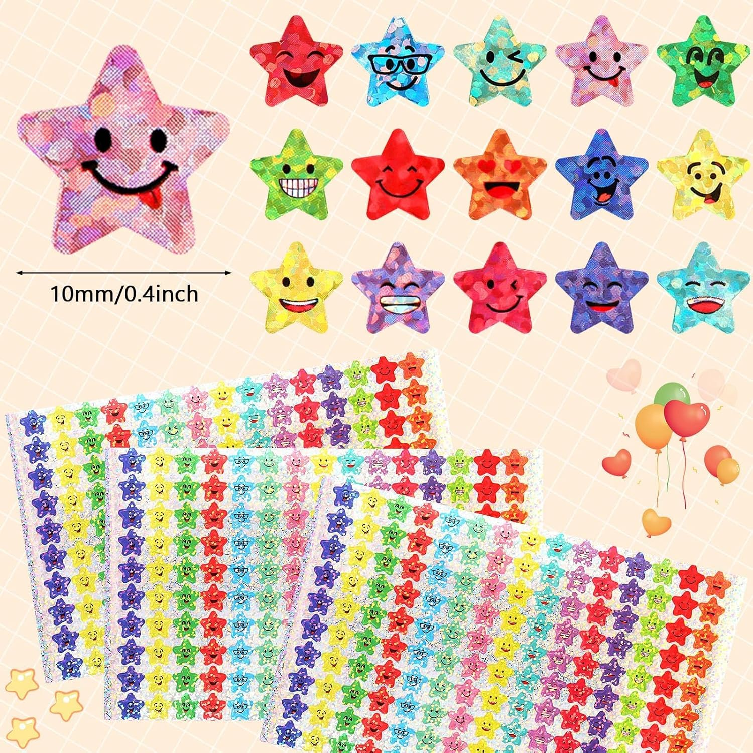 JANYUN 6750Pcs Small Star Stickers,15 Designs Happy Smile Face Stickers for Kids Reward, Glitter Foil Star Stickers Reward Behavior Chart Labels for School Students Teacher Supplies image number 5