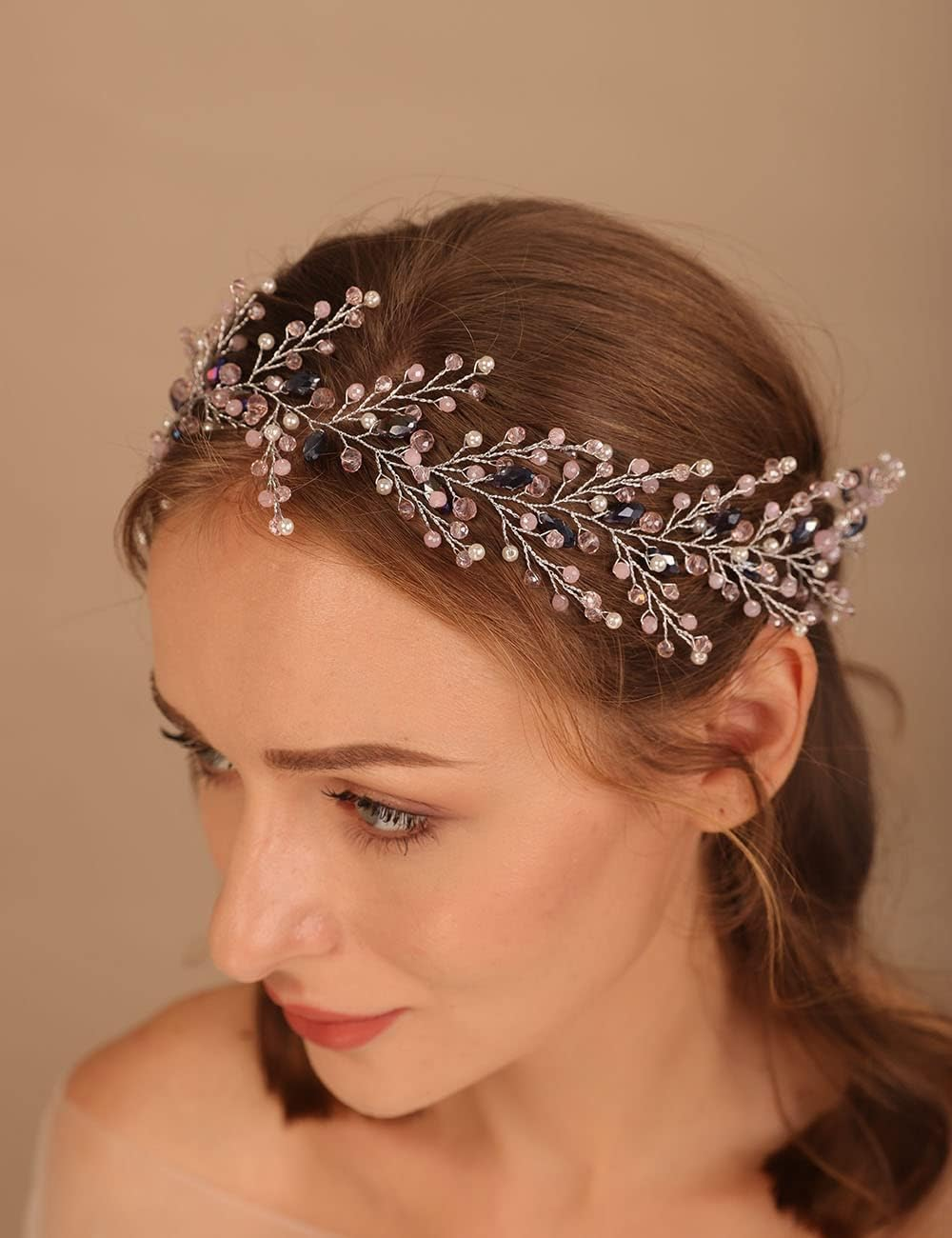 Teyglen Women Bride Wedding Rhinestones Crystals Long Headband Hair Vine Handmade Bridal Pink Rhinestone Pearls Beads Headband Wedding Hair Accessories for Brides Headpieces for Women Bride (Pink) image number 4