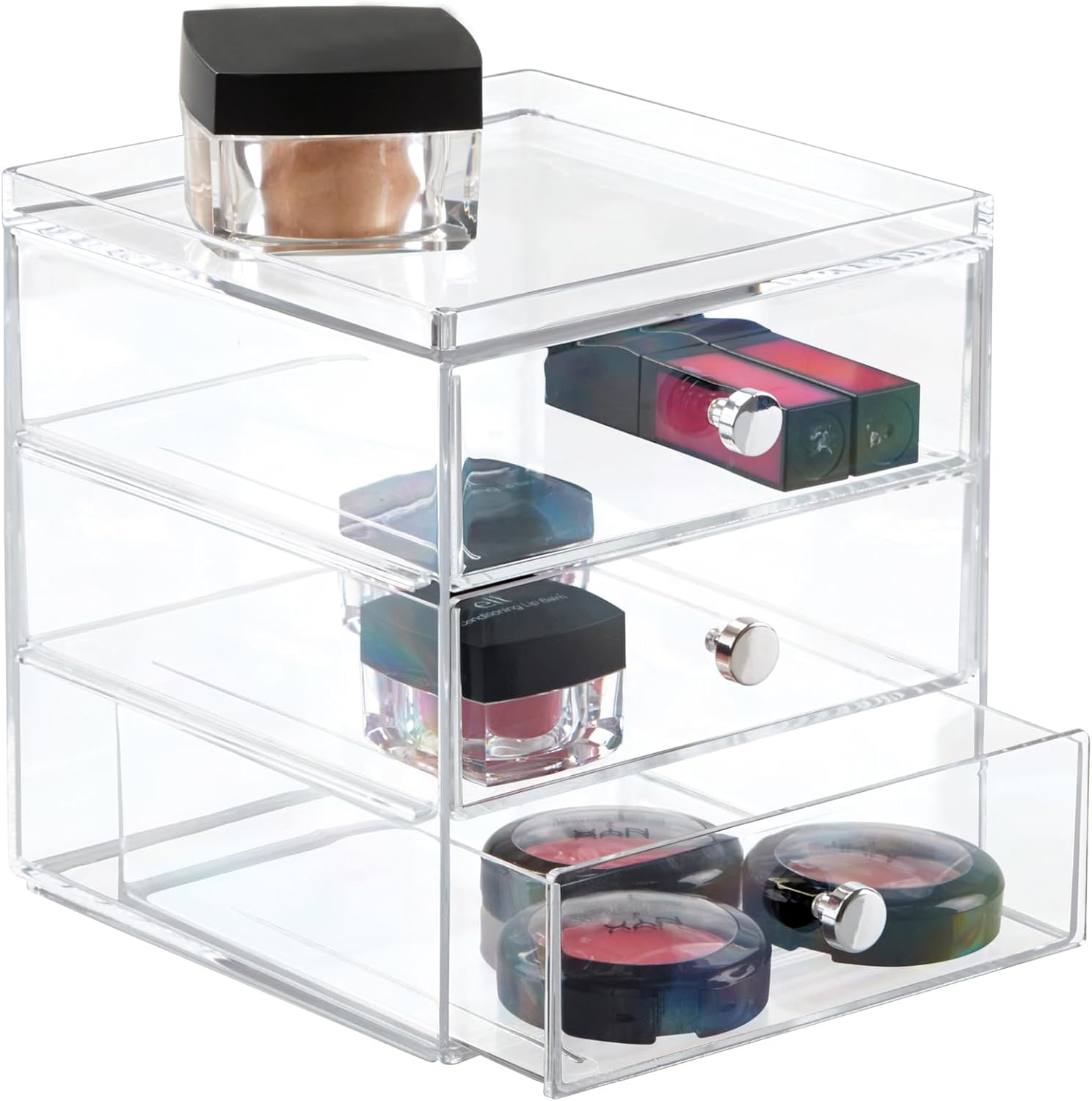 Interdesign Drawers Makeup Organiser, Slim Storage Box with Three Drawers for Makeup and Cosmetics, Made of Plastic, Clear