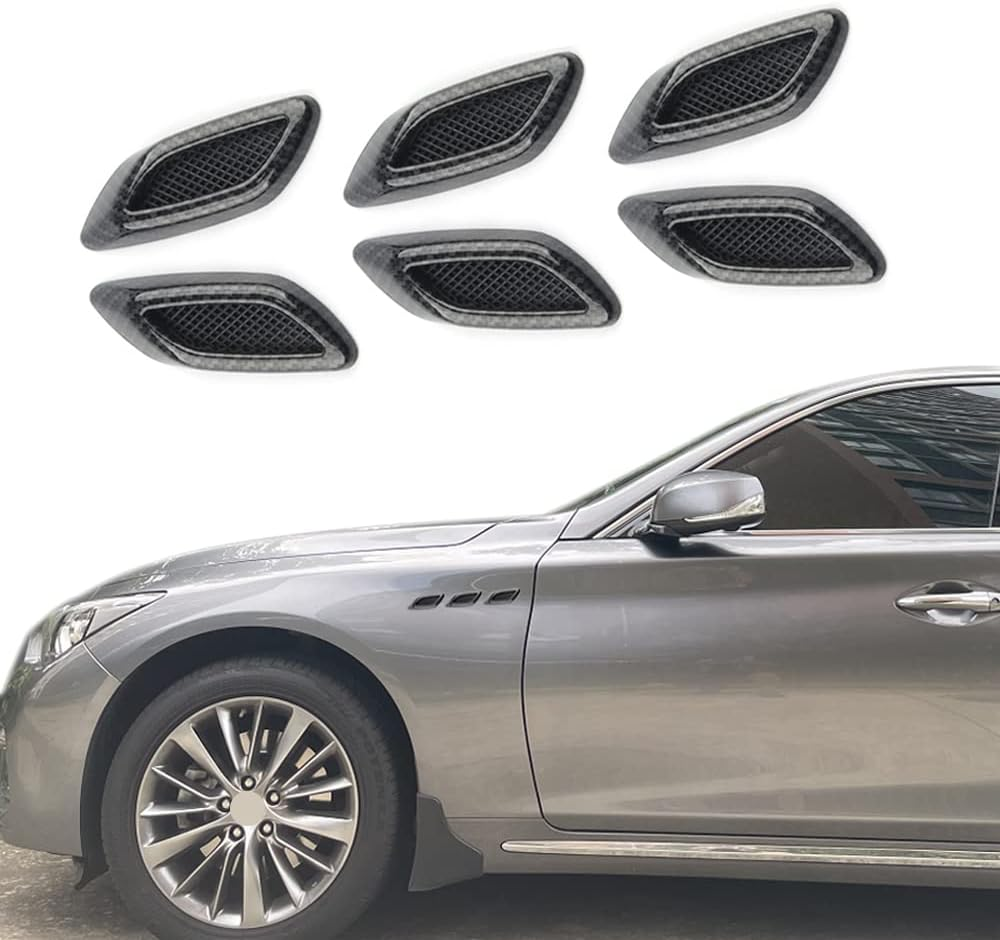 6Pcs Car Fender Trim Decorative Intake Universal Auto Air Flow Bumper Side Vent Decal Scoop Hood Spolier Door Carbon Fiber ABS Chrome Silver Exterior Glossy Black Sticker for Most Cars