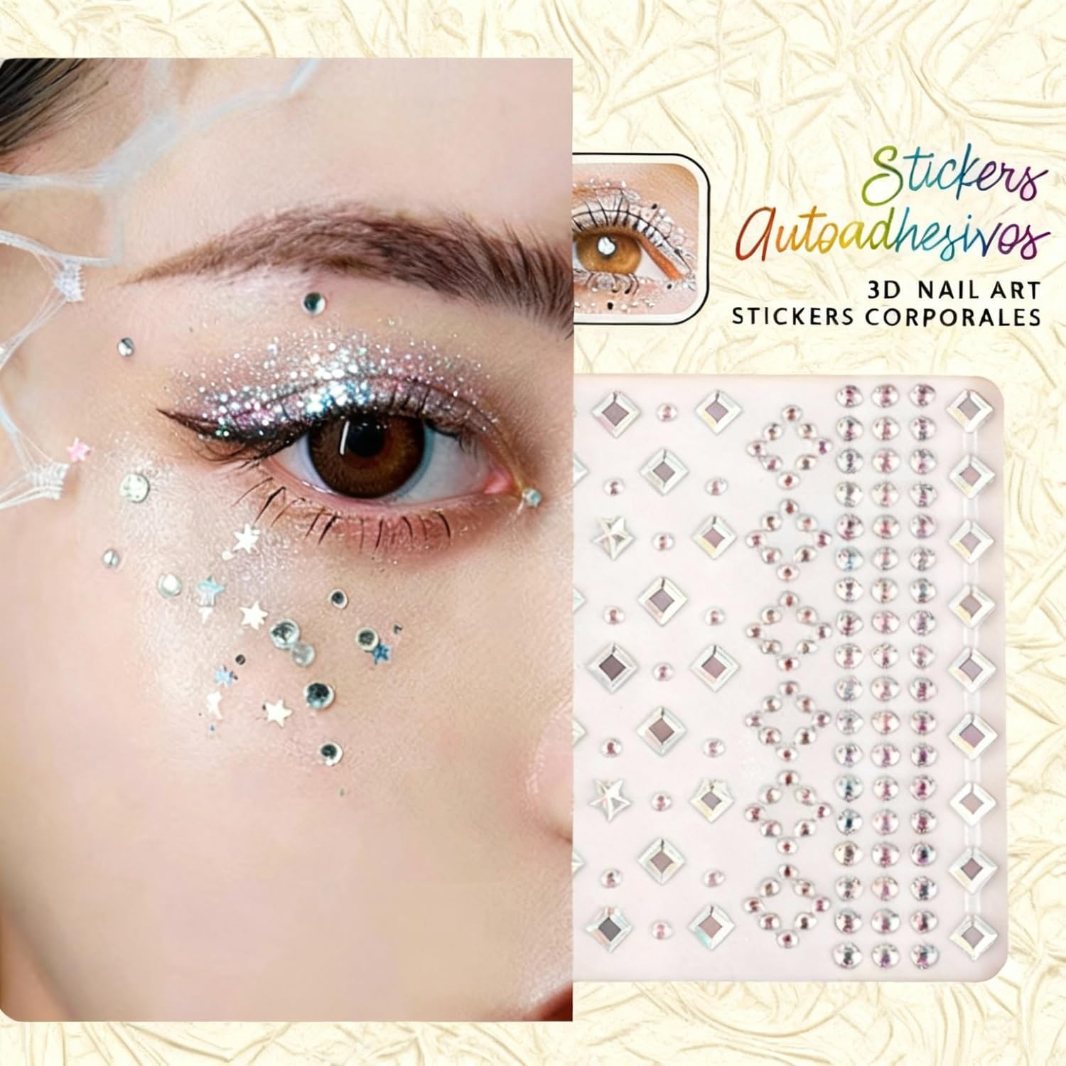 BOROLA 3 Pack Face Gems Rhinestone Stickers Self Adhesive Teardrop, Star & Diamond Shape for Eye Makeup, Face Body Jewels and Nail Art Festival, Stage, Party with Tweezers image number 3