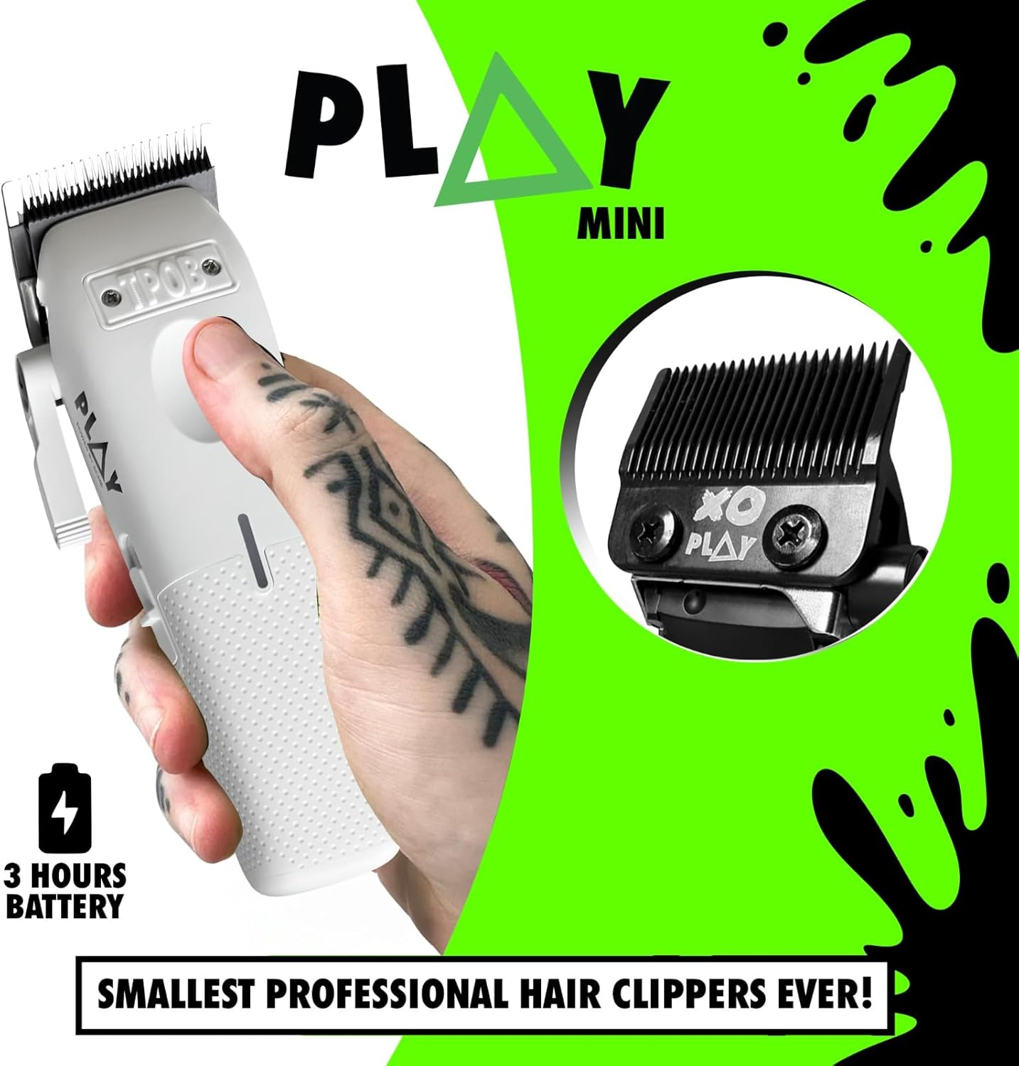 TPOB Professional Barber Hair Clipper Play Mini White for Men 7500 RPM with White Rubber Grips