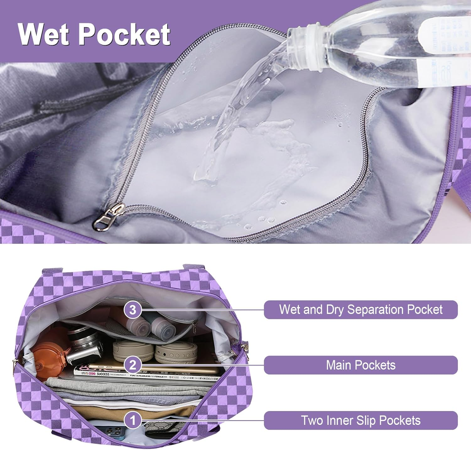 WOOMADA Foldable Travel Duffel, Weekender & Carry-On Bag with Expandable Space, Lavender Checkerboard