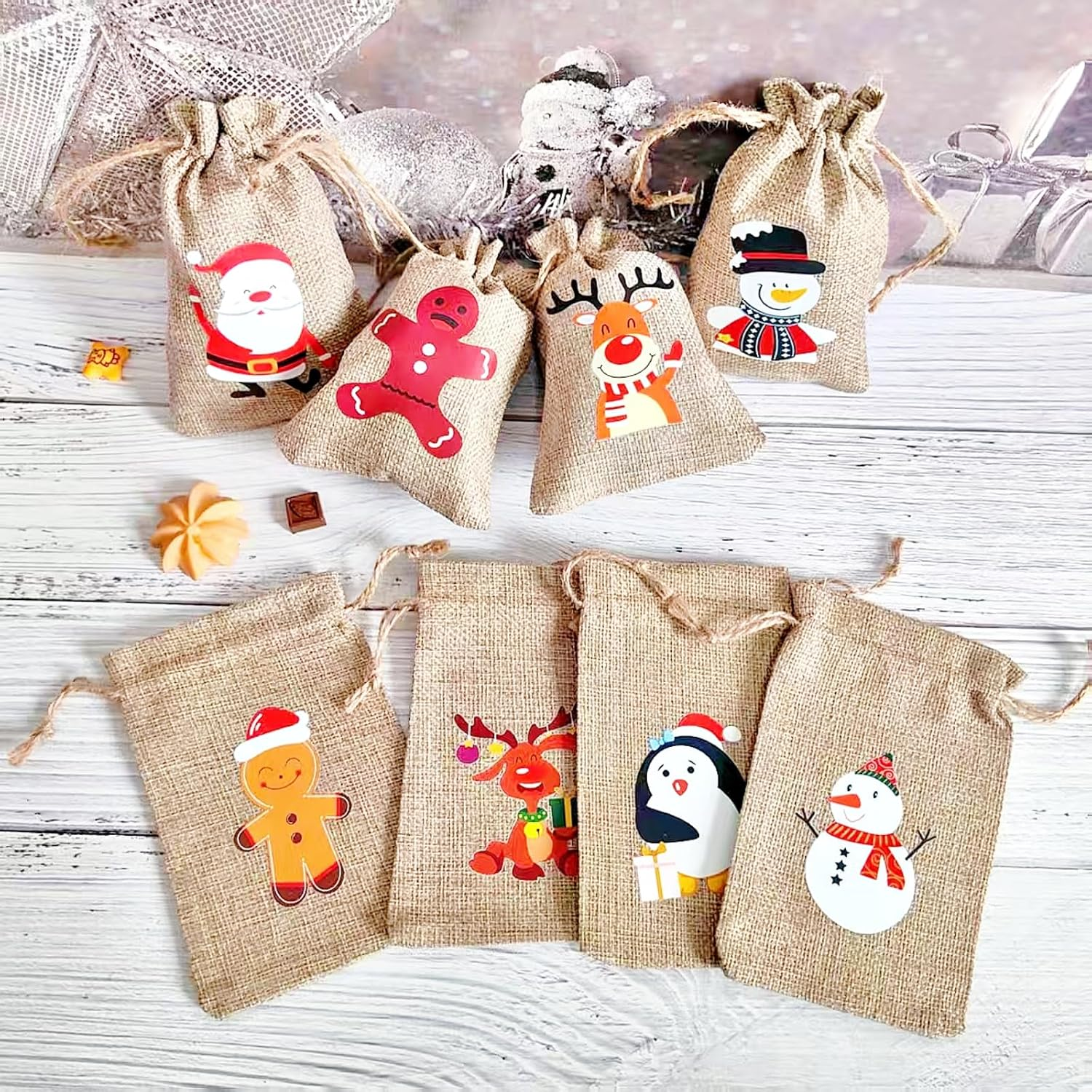 12 Pack Christmas Linen Bags, 10 X 15 Cm Bags, Candy Goodie Treat Bags, Drawstrings Burlap Bags for X&lsquo;Mas Party, Reusable Wrapping Bags (12 DESIGNS) - Graphic image number 6