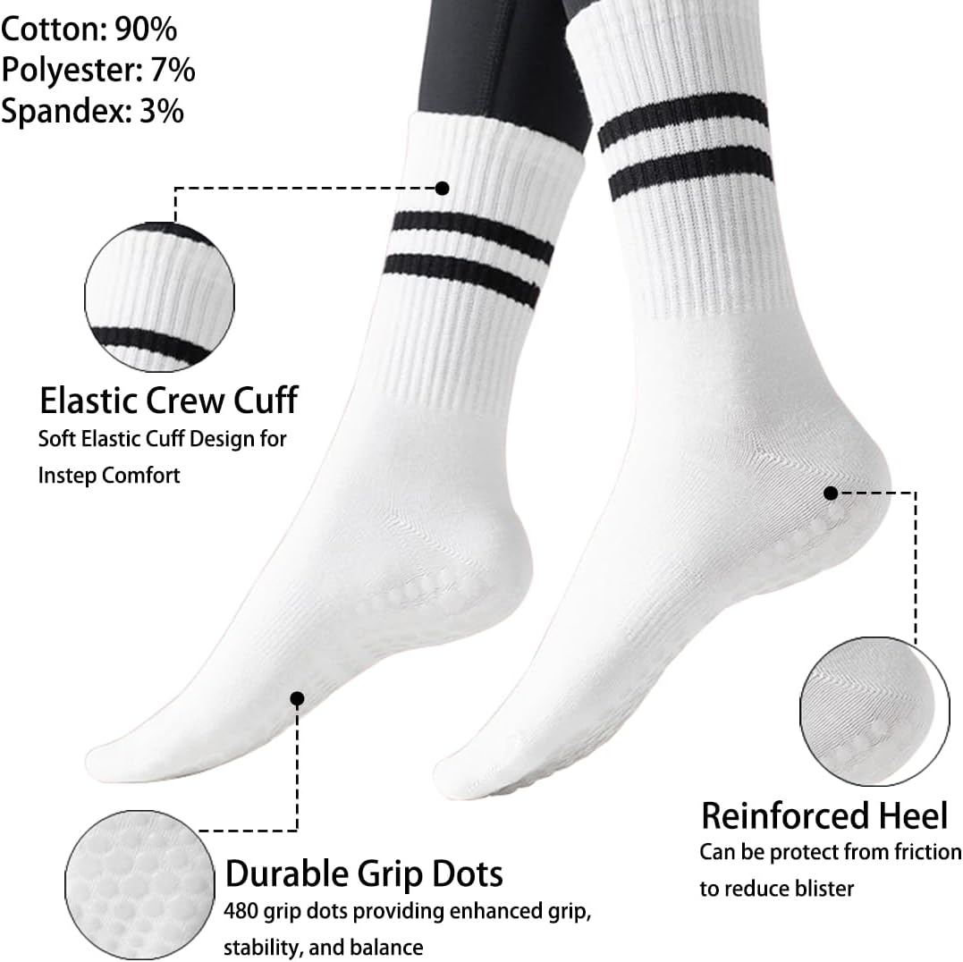 5 Pairs Grip Pilates Socks for Women, Non Slip Yoga Athletic Long Crew Socks for Barre Ballet Gym Workout