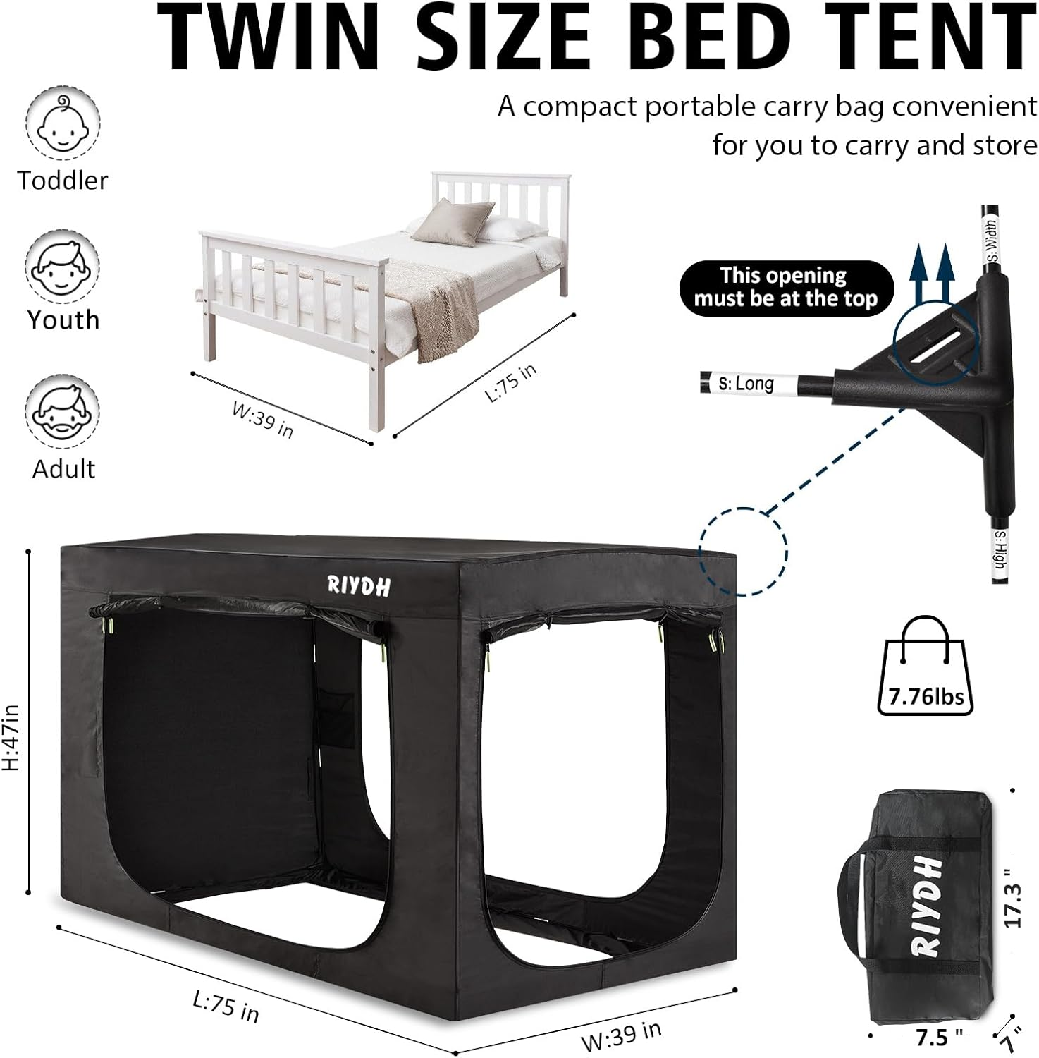 RIYDH Bed Tent Twin Bed Canopy Tents for Adult - Portable Dream Tent Indoor Sleeping Tents 70% Blackout with 3 Doors Breathable Private Space Tents image number 3