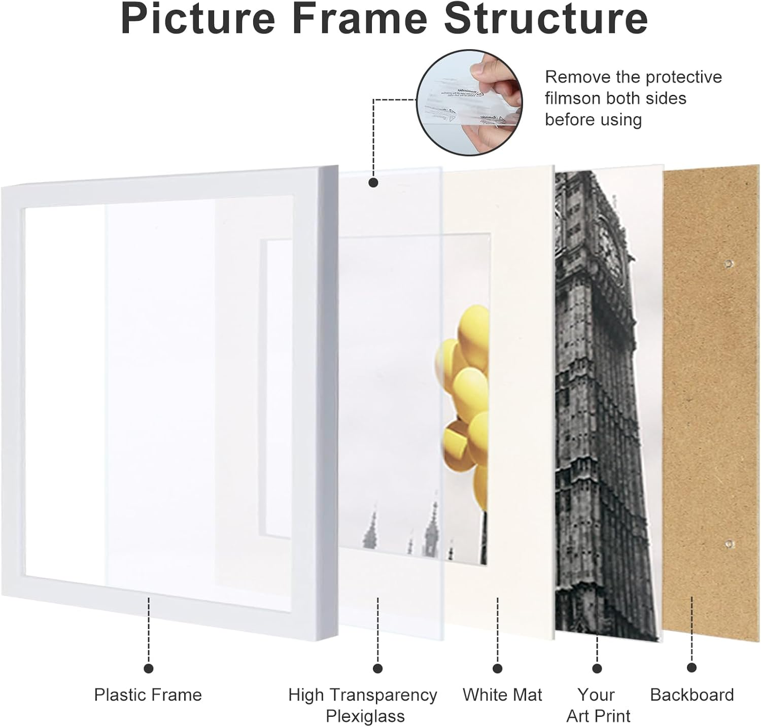 BSRHOME 12X12 Picture Frame Set of 9, Display Pictures 8X8 with Mat or 12X12 without Mat, Multi Collage Gallery Square Photo Frames for Wall or Tabletop, White image number 3