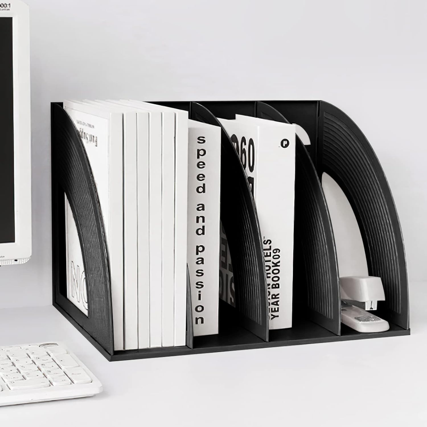 SAYEEC Sturdy 4 Compartment Magazine File Holder Plastic Desktop File Organizer File Dividers Office Organizer Storage Document Magaizne Rack Display Box (Black) image number 2