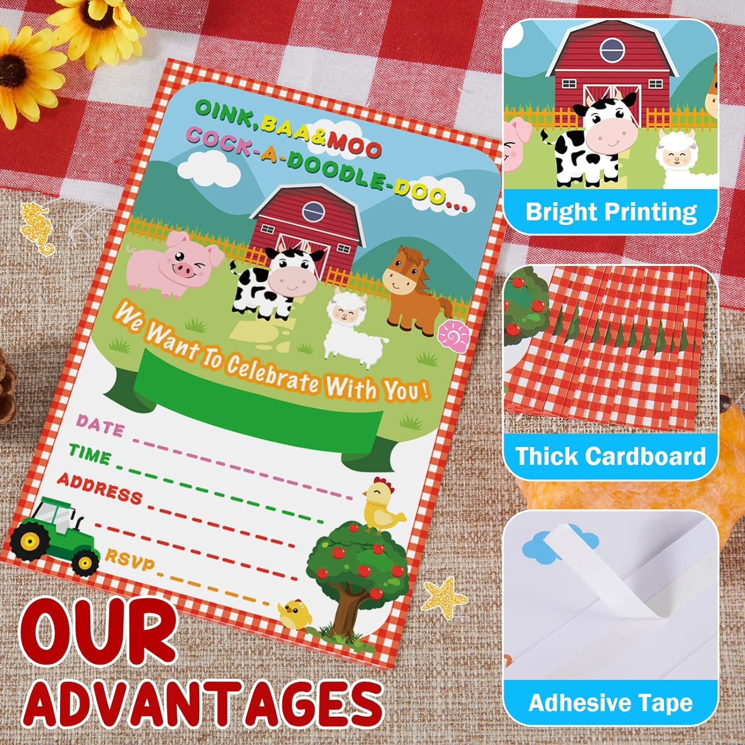 WERNNSAI Farm Party Invitations with Envelopes - 20 Count Farm Animals with Barnyard Tractor Invite Cards for Kids Boys Birthday Baby Shower Farm Themed Party Supplies image number 2