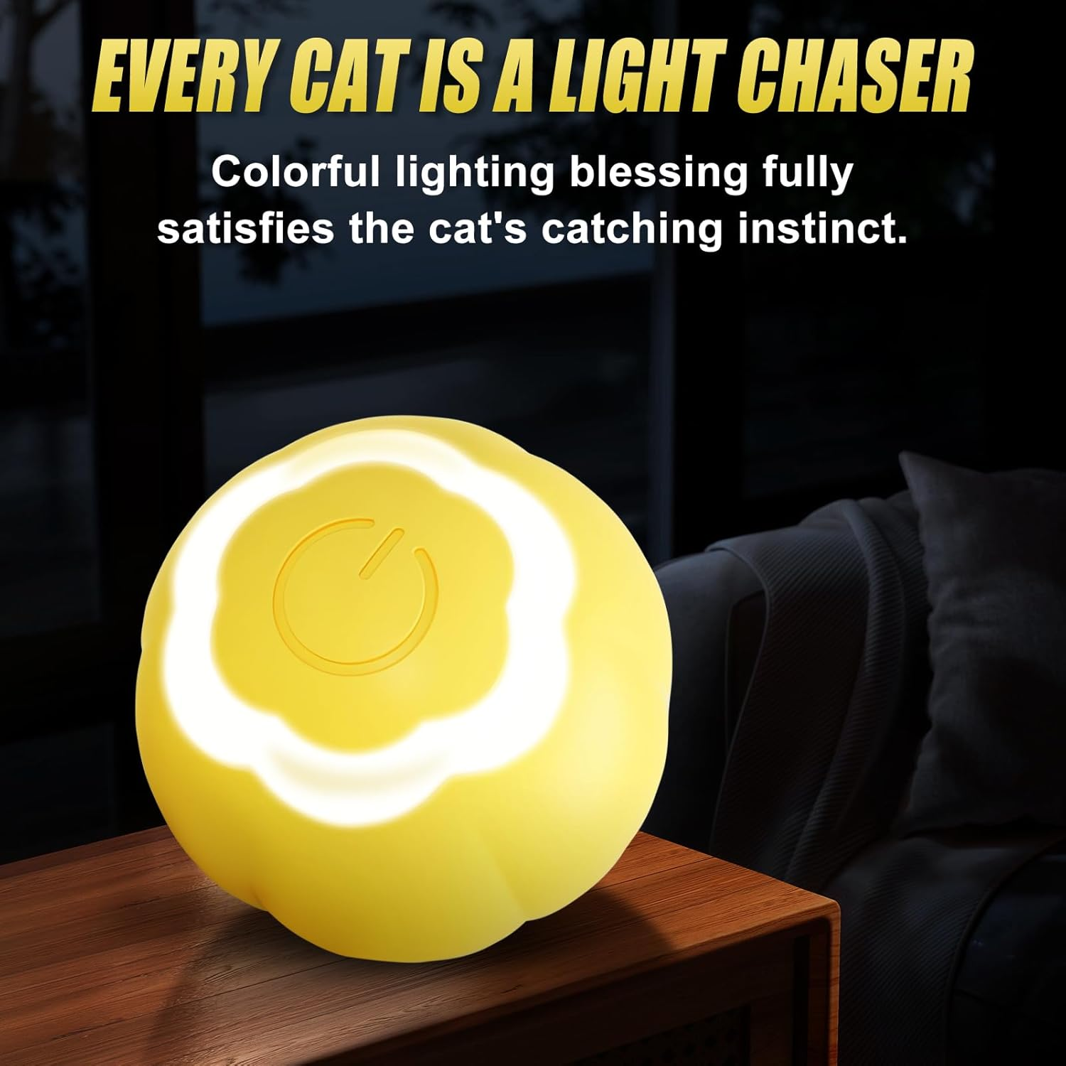 Electric Cat Toy with LED Light, 360 Degree Automatic Cat Ball, Type-C Rechargeable Interactive Cat Toy, Self-Rolling Ball, Intelligent Cat Toys for Cats (Yellow)