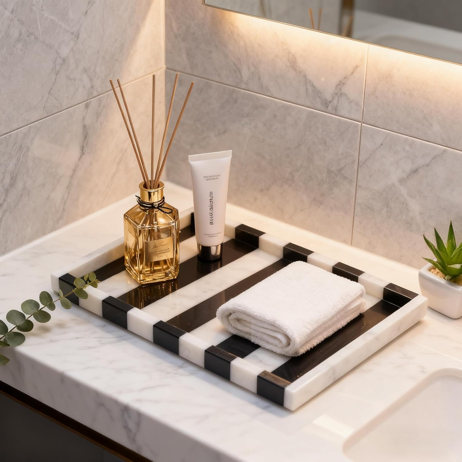 Striped Natural Marble Tray, Black White Geometric Rectangular Tray, Vanity Organizer for Jewelry, Makeup, Bath Essentials, Modern Home Decor - Black White Round image number 2