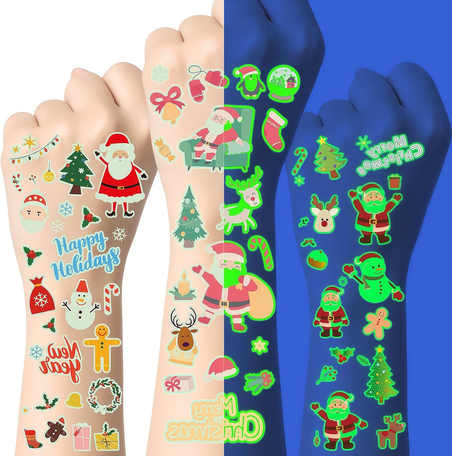 Christmas Tattoo Stickers，Luminous Christmas Temporary Tattoos for Kids-120 Pieces Christmas Glow in the Dark Tattoos Stickers（10 Sheets) Christmas Party Favors for Kids Stocking Stuffers and Gifts image number 5